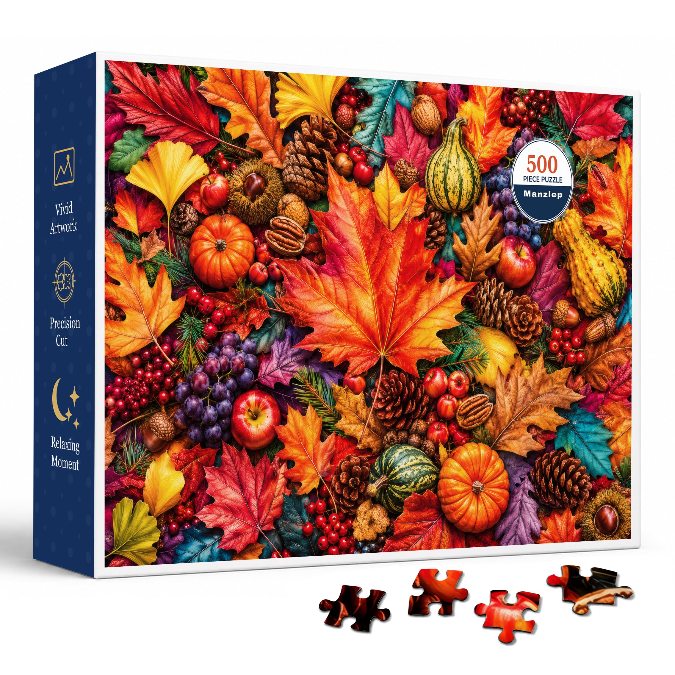 Autumn Harvest 500 Piece Jigsaw Puzzle for Adults, Colorful Fall Leaves with Pumpkins, Pinecones, Apples, Grapes and Berries, Oak Leaves, Glare-Free Seasonal Nature Puzzle with Poster!!! ABVG