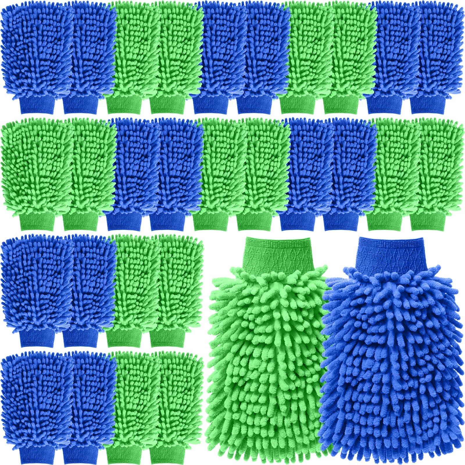 Patelai 30 Pcs Car Wash Mitts Bulk Microfiber Scratch Free Detailing Chenille Car Washing Gloves Hand Double Sided Absorbent Cars Sponge for Washing Cleaning Trucks Boats, 9.45 x 5.9 Inch(Green,Blue)