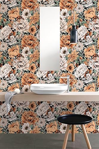 Miniatura 5 de HAOKHOME 93191 - Papel tapiz floral vintage para despegar y pegar removible gran peonía negronaranjarosa mural autoadhesivo 177 x 65 pies