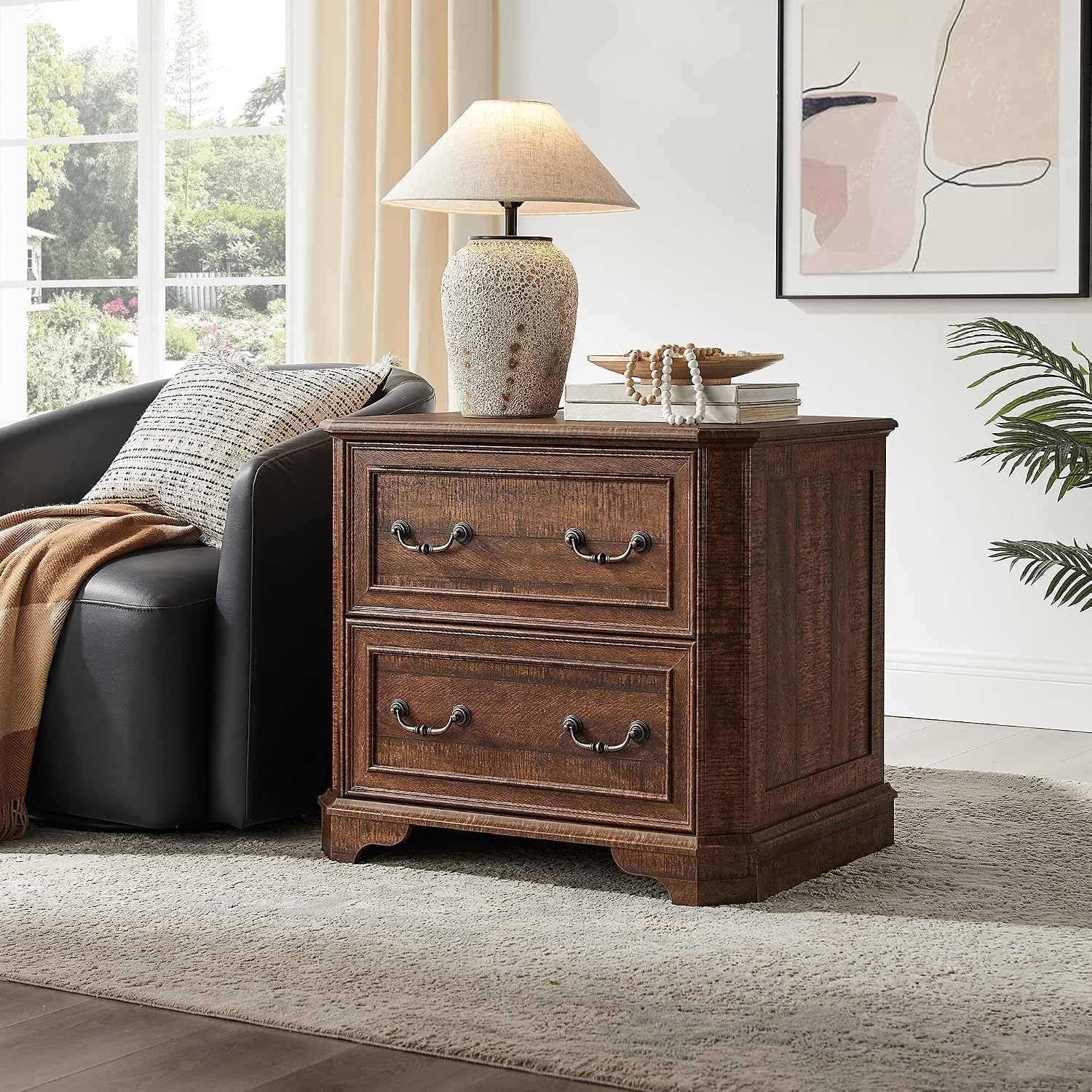 T4TREAM 30" Farmhouse Nightstands Set of 2 w/Charging Station, Large End Table, 2 Spacious Drawers Bedside Table w/Framed Drawer Fronts, Wooden Night Stand for Bedroom, Living Room, Brown Oak
