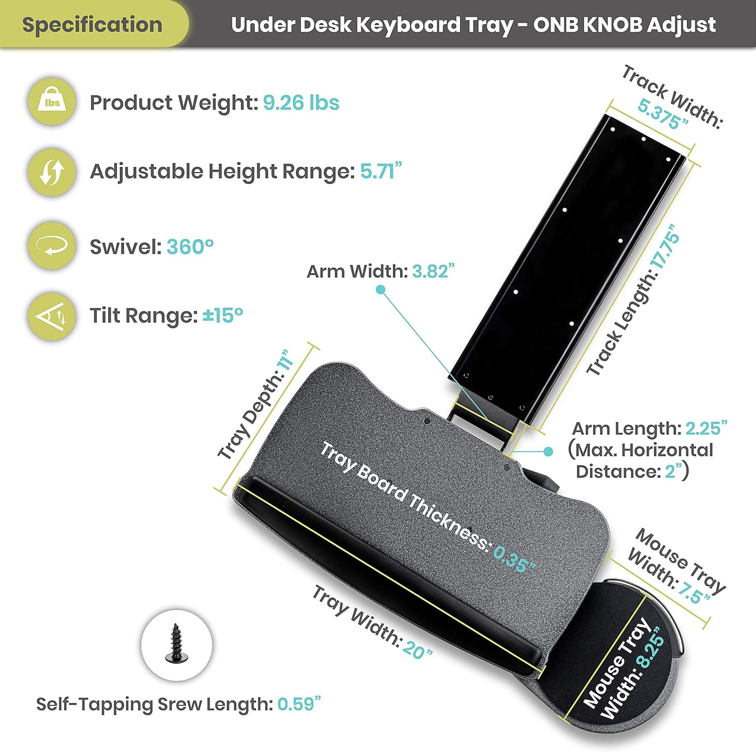 FERSGO Under Desk Keyboard Tray, 20" x 11" Tray, 17.75" Track, One Knob Control, Undermount Sliding Computer Keyboard and Mouse Tray with Wrist Rest, Swivels 360° with Adjustable Height and ±15° Tilt : Office Products