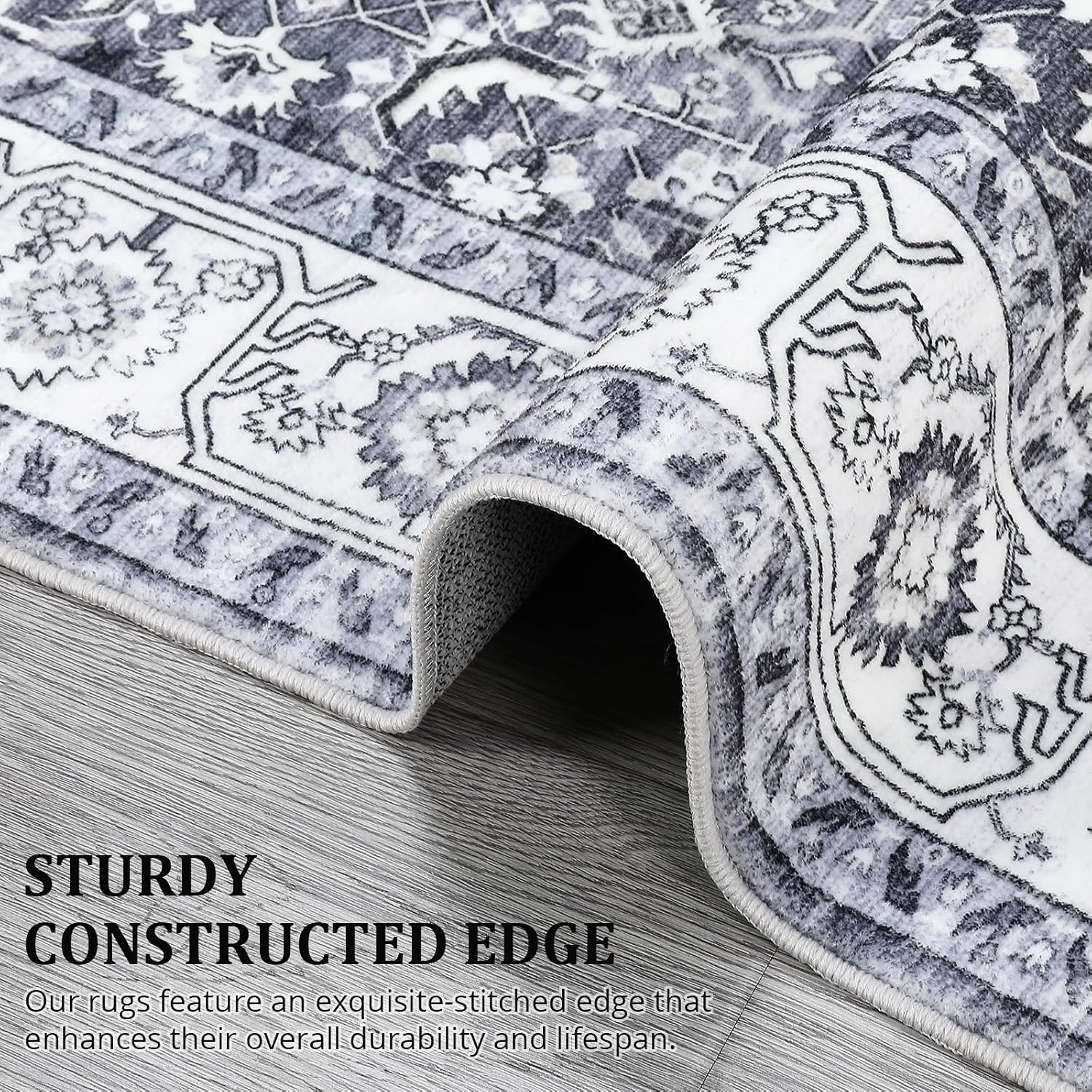 GarveeHome Vintage Area Rug 4x6 - Stain Resistant,Machine Washable,Non-Slip Carpet,Indoor Foldable Thin Rug,Retro Distressed Floral Print,Low-Pile for Kitchen,Living Room,Bedroom,Dining Room.Gray Hue