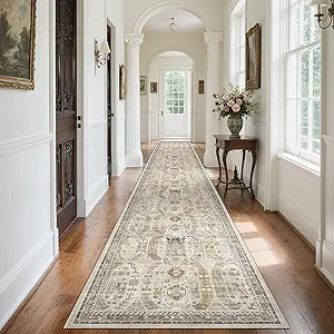 Madane 3x20 Hallway Runner Rug - Extra Long Carpet Runners for Hallways 20ft Non Slip Stain Resistant Rugs Runner for Living Room Bedroom 20 Feet Distressed Floor Carpet for Kitchen, Brown/Gold