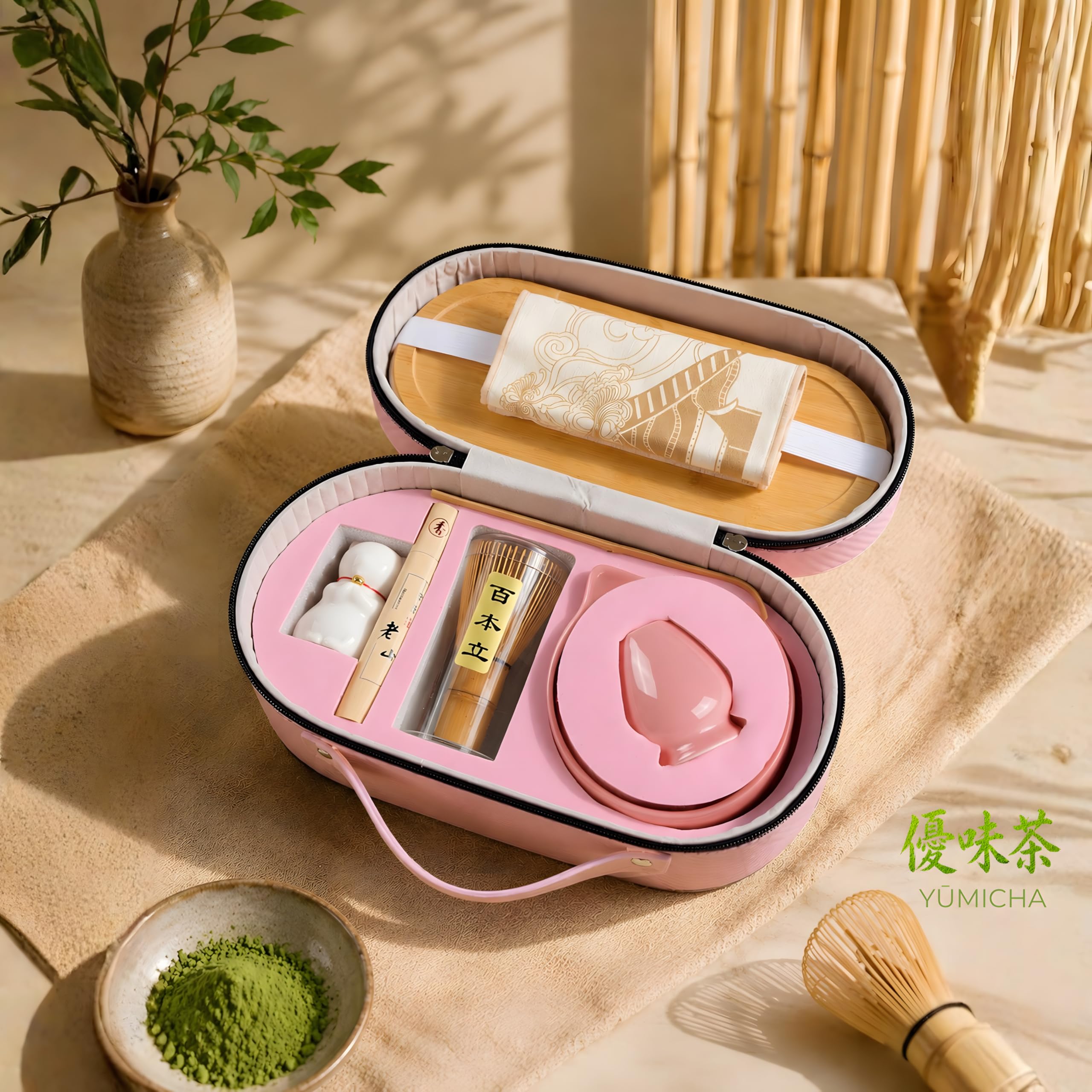 Matcha Set mit Bambusbesen, Keramikschale & Sieb – Matcha Tee Starter Set inkl. Löffel, ideal als Geschenk – Premium Matcha Kit – Rosa