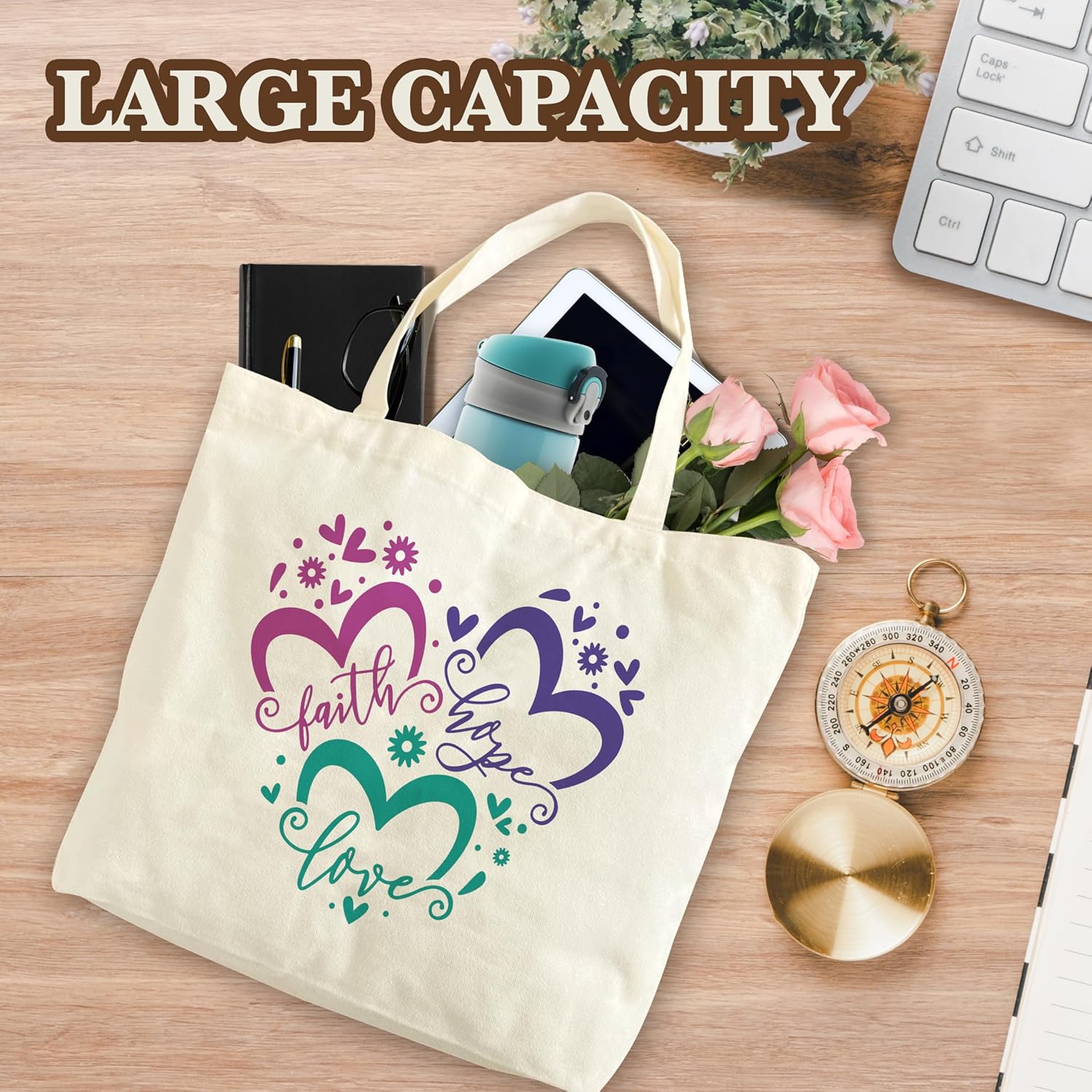 Christian Tote Bags, Faith Hope Love Bible Verse Reusable Shopping Bag For Women, Inspirational Gifts For Women Friend Sister Colleagues Teacher, Religious Shoulder Bag For Church Travel Holiday -A27 - Image 4