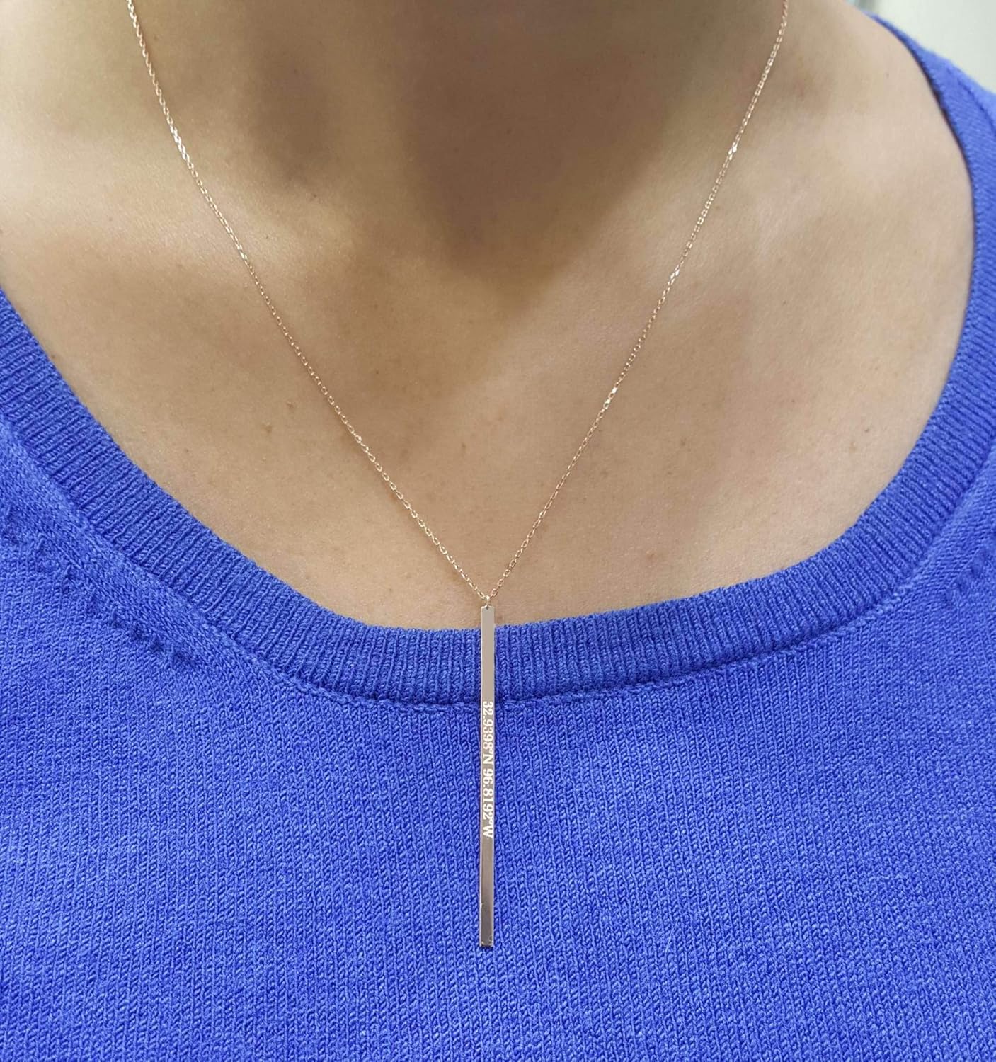 Personalized 14k Gold 5CM Thin Vertical Bar Necklace - Custom Engrave Name Date Coordinate Pendant for Men Women, Memorial Gift