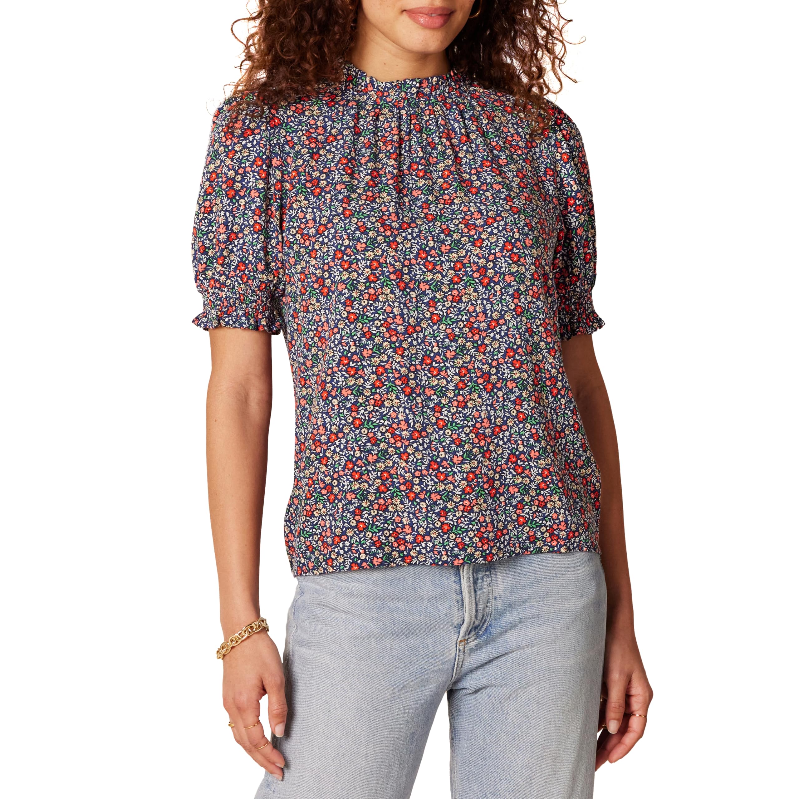 Amazon Essentials Women's Fluid Twill Short Puff Sleeve Smock Detail Shirt