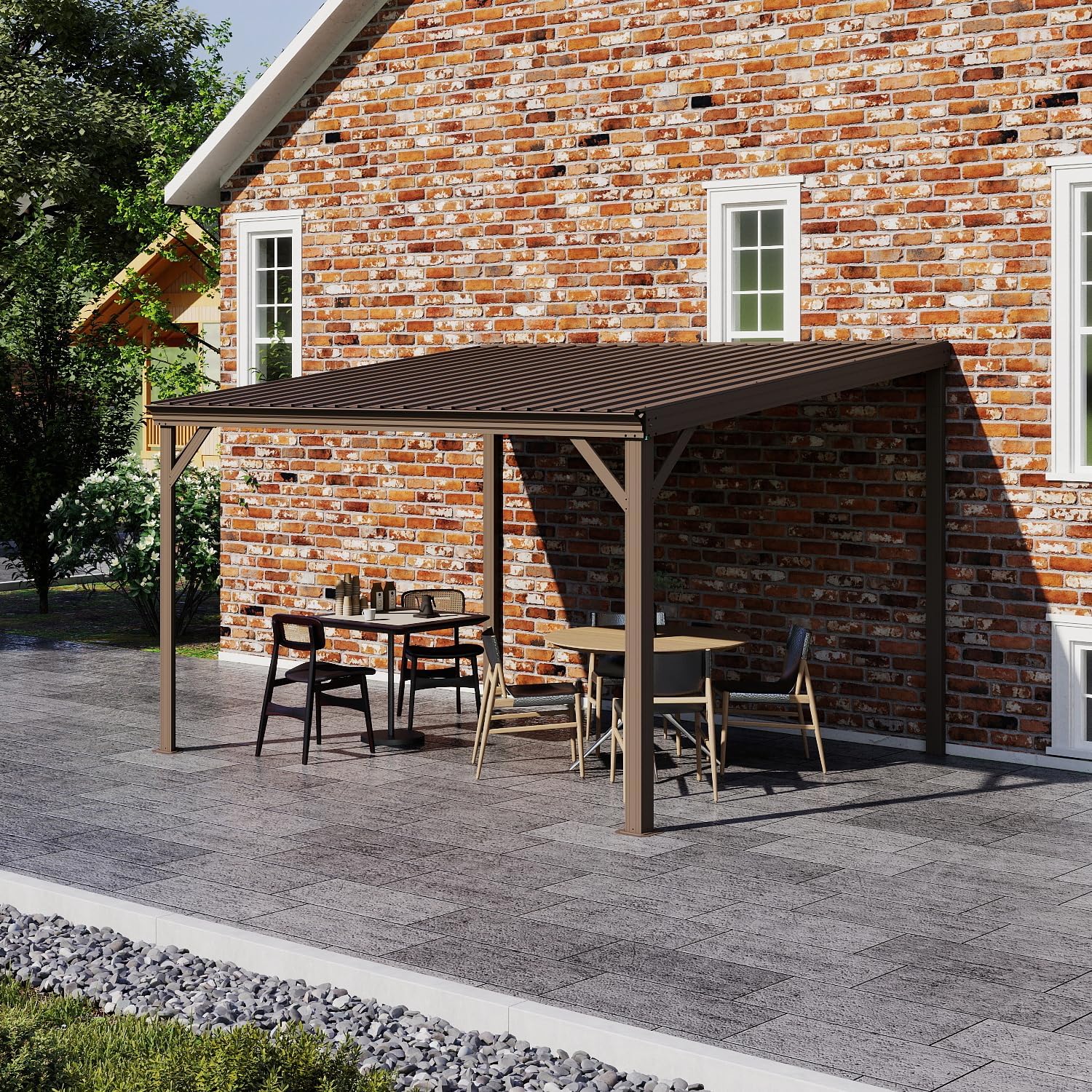 Domi 10’x12’ Wall-Mounted Hardtop Gazebo Pergola – Permanent Lean-to Outdoor Shelter with Sloped Galvanized Steel Roof & Upgraded Drainage – Grey Metal Patio Cover for Backyard, Deck, Garden，Brown