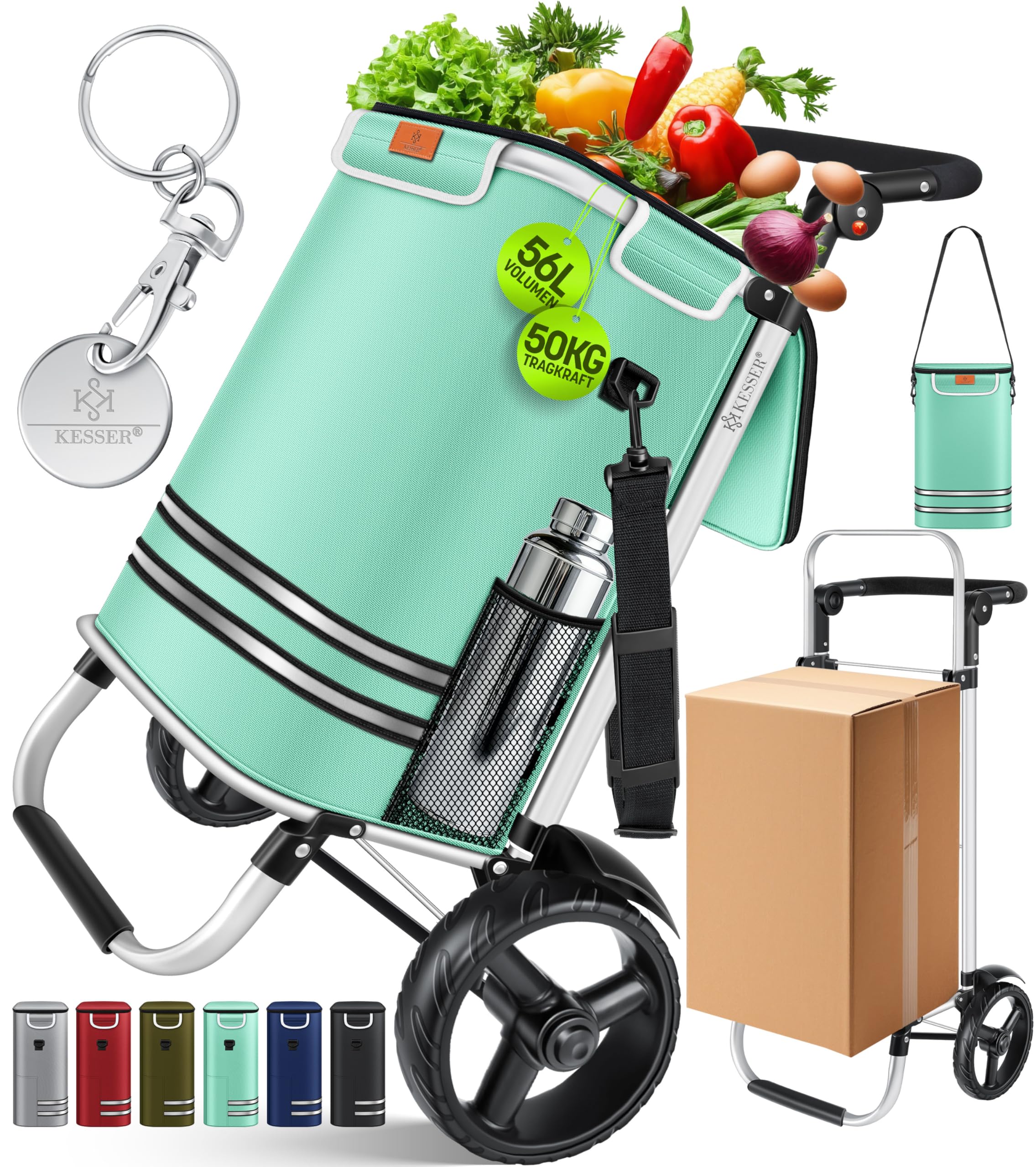 KESSER® Einkaufstrolley klappbar mit 56L Kapazität und belastbar bis 50kg | 3in1 Trolley Sackkarre & Umhängetasche | Faltbarer Einkaufswagen inkl. Kühlfach & Einkaufschip | Treppensteiger Mint Grün