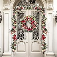 Vista 4 de Valery Madelyn Guirnalda de Navidad preiluminada de 9 pies con luces para manto, guirnalda de Navidad iluminada al aire libre con bolas de oro rojo