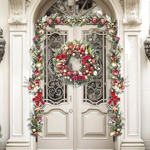 Miniatura 4 de Valery Madelyn Guirnalda de Navidad preiluminada de 9 pies con luces para manto, guirnalda de Navidad iluminada al aire libre con bolas de oro rojo