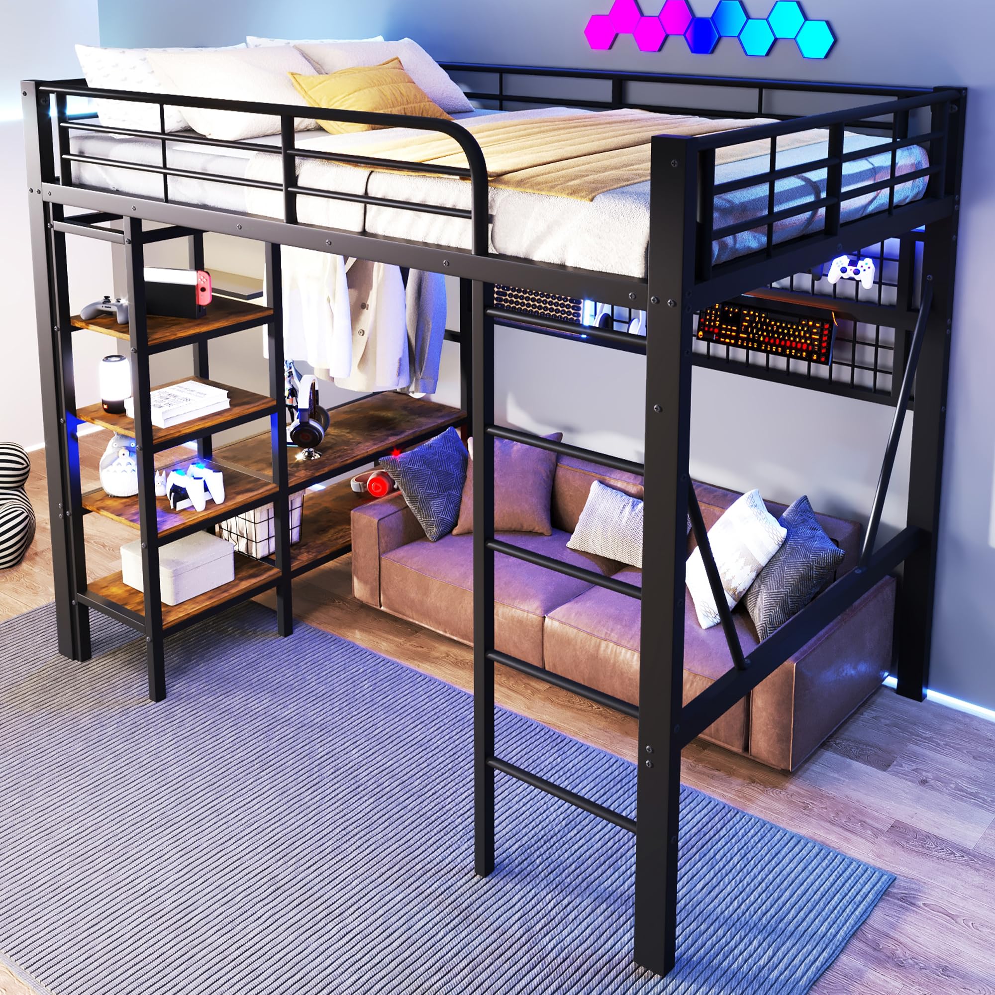 Lubvtti Letto a soppalco in ferro 140 x 200 cm con striscia luminosa a LED,vano portaoggetti,rete per appendere gli oggetti,asta appendiabiti,letto a castello per bambini,struttura letto singolo,Nero