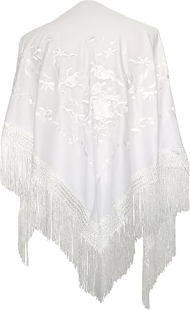 La Senorita Spanish Flamenco Dance Shawl white with white flowers size L