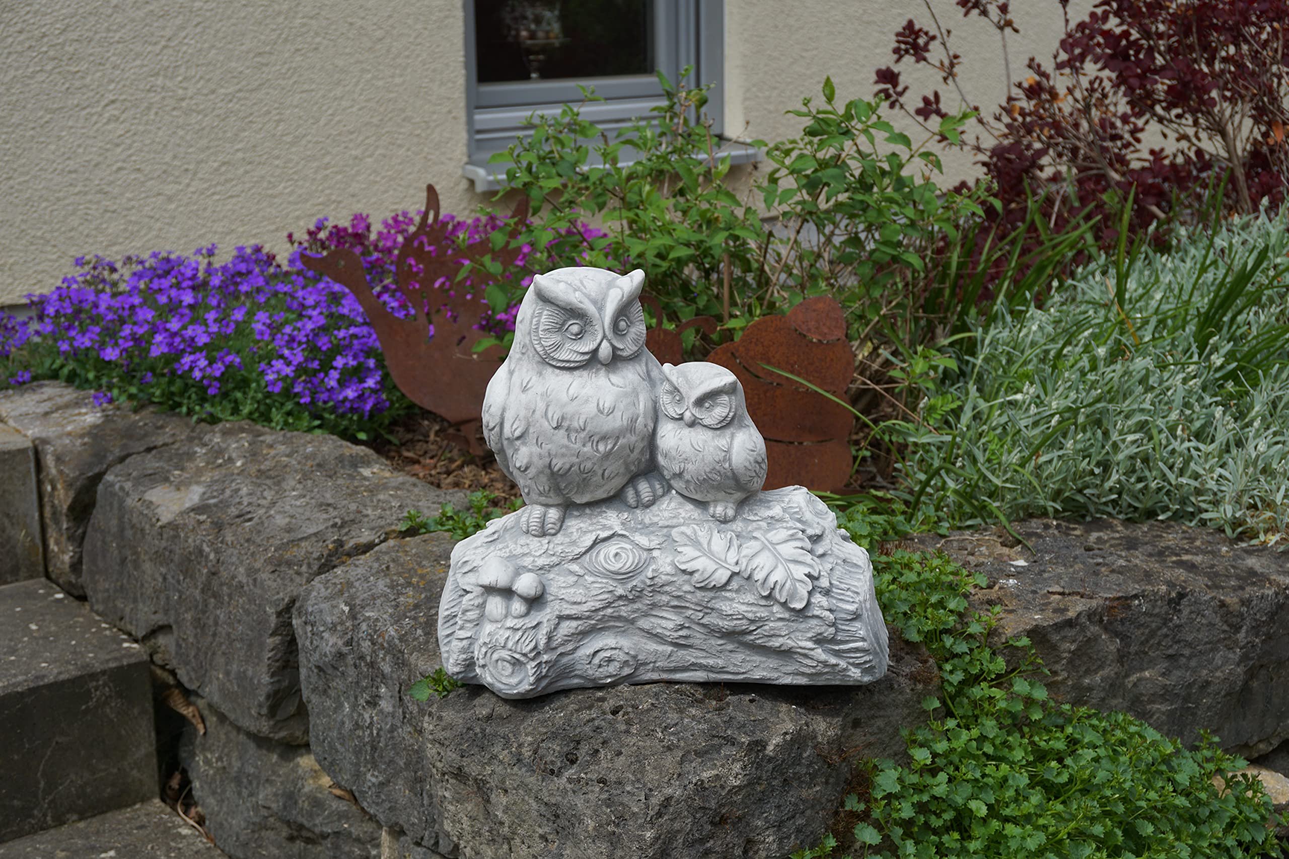 gartendekoparadies.de Figurine en Pierre Solide Amusante Paire de hiboux Hibou Grand duc sur Branche, Hauteur 32 cm, 16 x 33 cm, Gris, 15 kg, en Pierre moulée, résistant au Gel