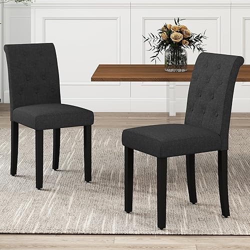 Miniatura 8 de thksbought Juego de 4 sillas de comedor tapizadas de tela con detalles de botones incrustados (Juego de 4 en negro) Lino (carbón),Lino