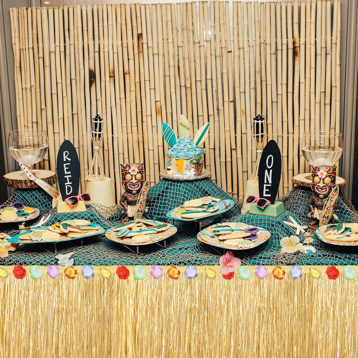 Fovths 24 Pack Luau Grass Table Skirt Natural 9 Feet x 29.5 Inch Hawaiian Table Skirt for Tropical Hawaiian Party Decorations Luau Party Costume Party, Straw Yellow