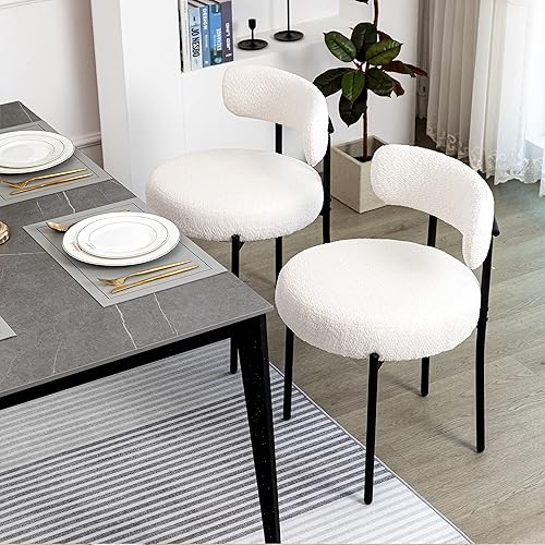 Miniatura 7 de DYHOME White Boucle Dining Chairs Set of 2, Mid Century Modern Kitchen Chairs, Upholstered Dining Room Chairs with Curved Backrest and Black Metal