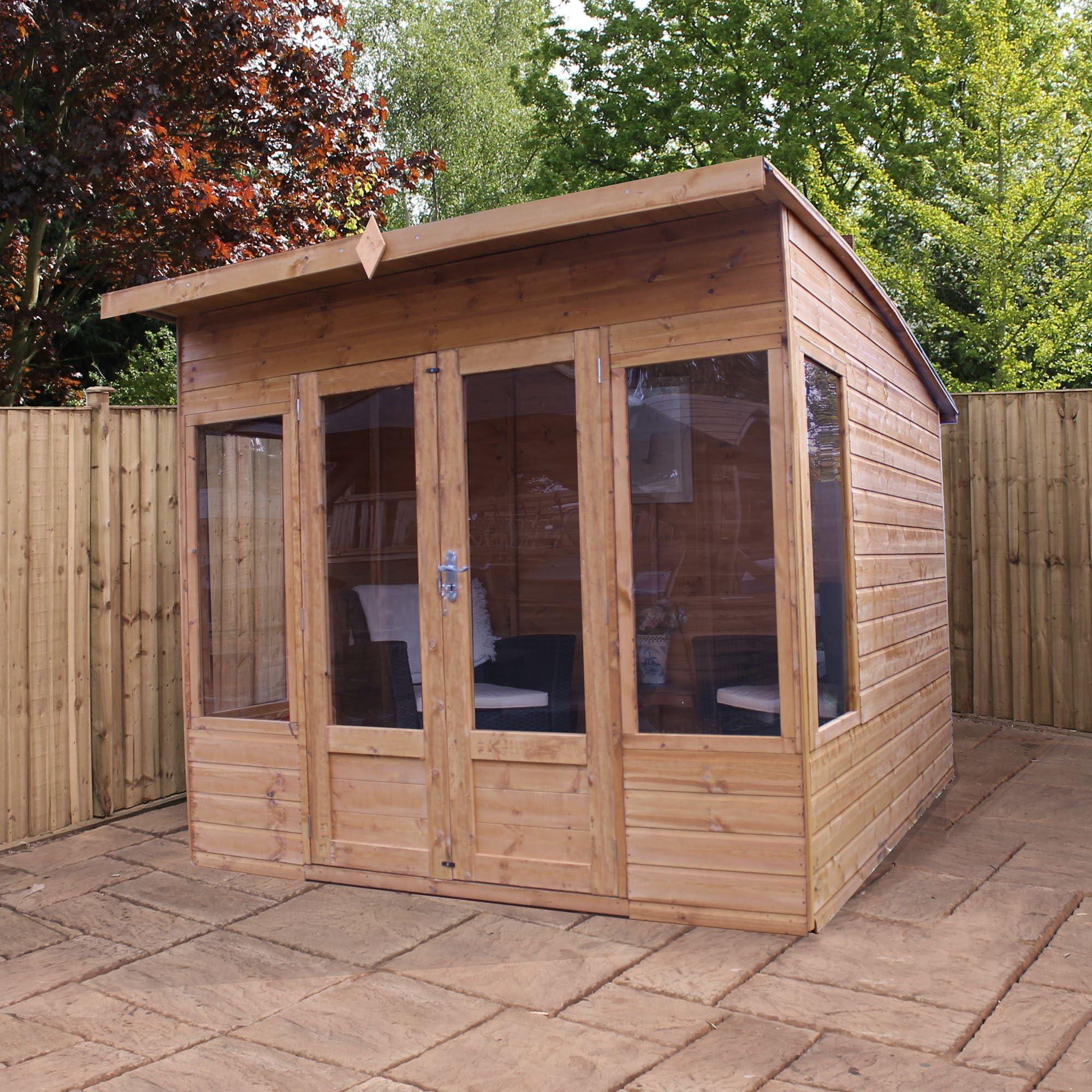 WALTONS EST. 1878 8x8 Wooden Contemporary Garden Summerhouse, Shiplap Construction - Dip Treated with 10 year guarantee. Includes Double Doors, Pent Roof, Floor & Roof Felt and Styrene Safety Windows (8 x 8 / 8Ft x 8Ft) 3-5 Day Delivery