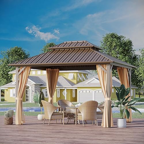 Miniatura 2 de Cenador permanente de 10 x 12 pies, toldo de pérgola de pabellón de doble techo de acero galvanizado para exteriores, con marco de aluminio y