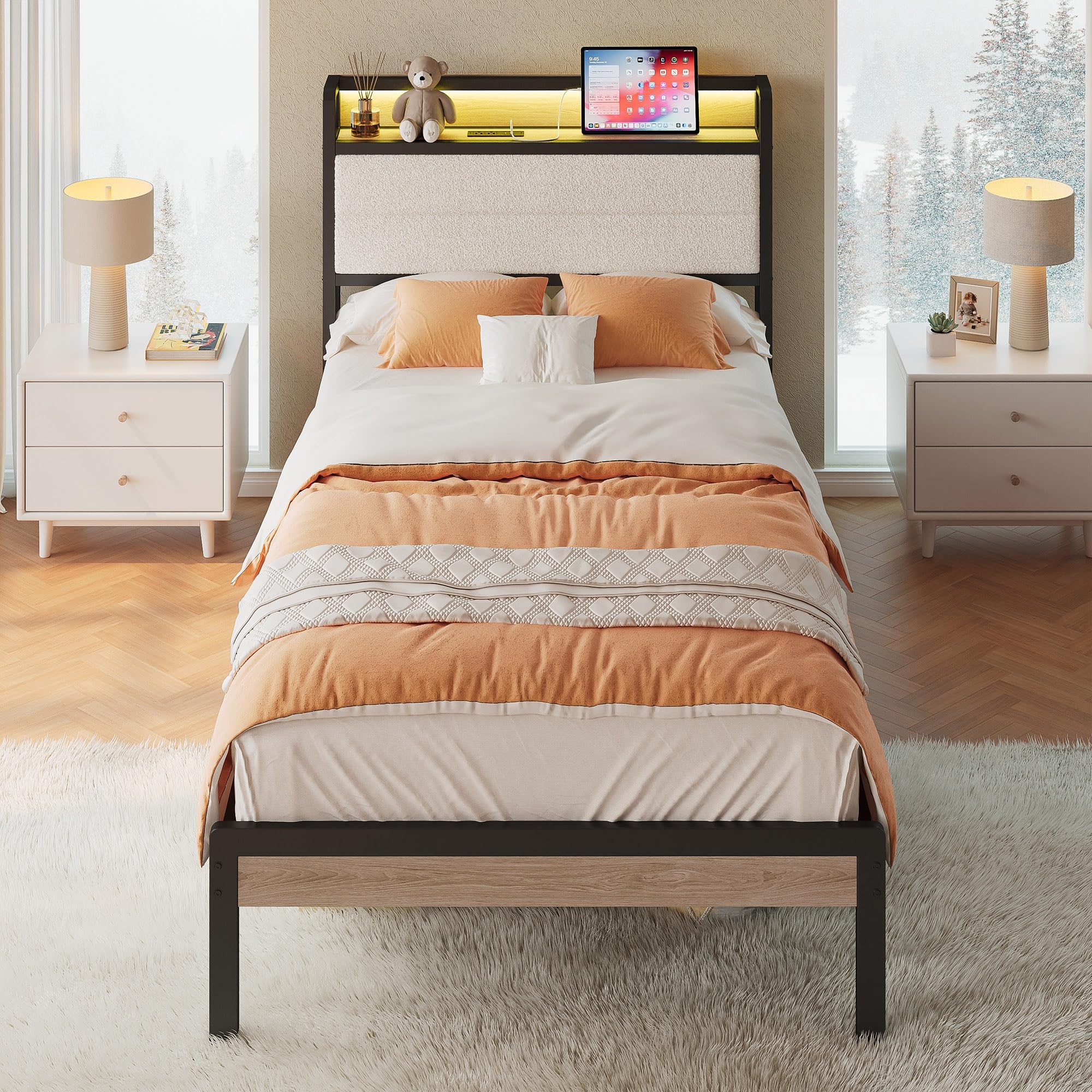 Twin XL Bed Frame with Storage Headboard and LED Lights, Metal Platform Bed with Charging Station, Noise Free, No Box Spring Needed, Under Bed Storage, Natural and Cream