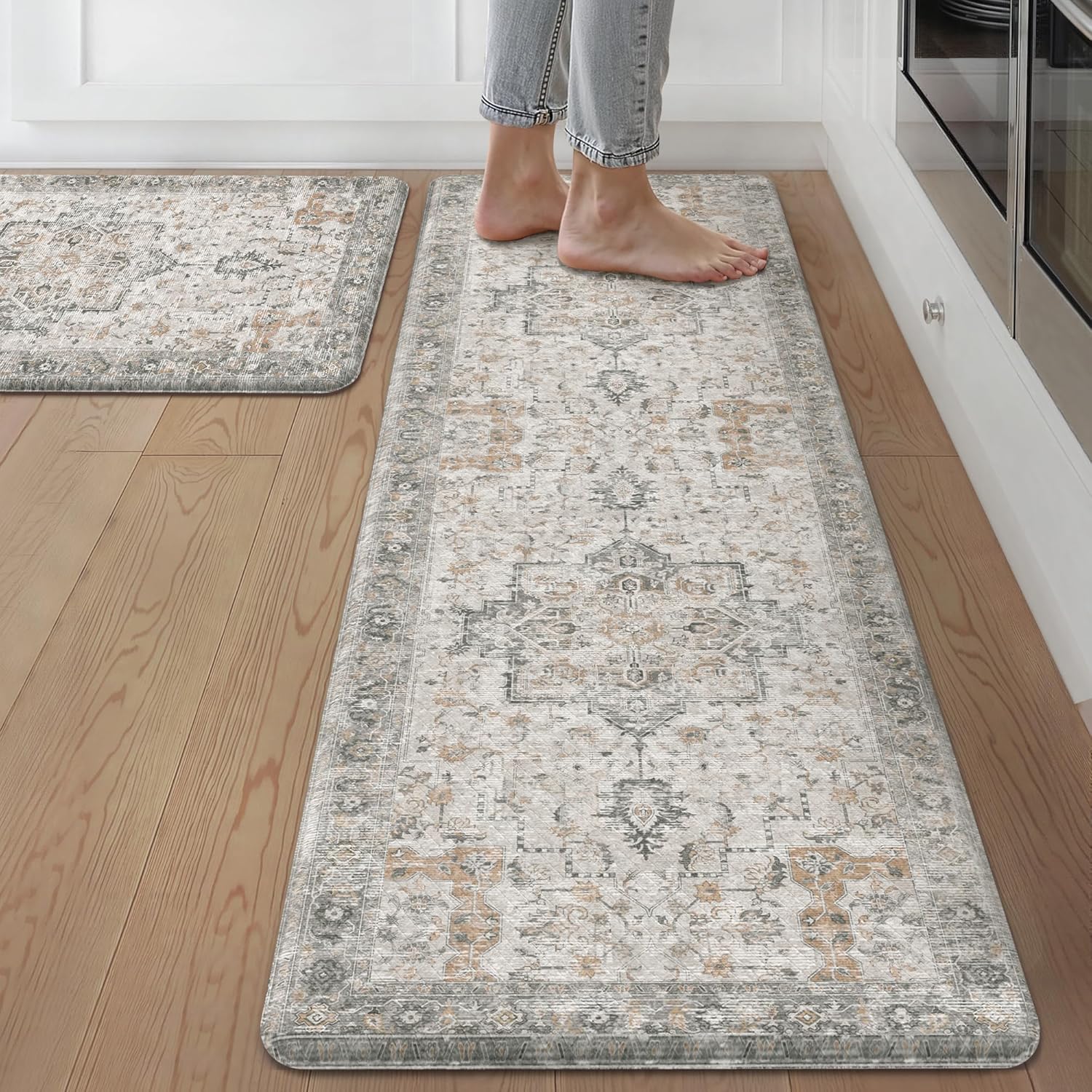 GENIMO Kitchen Mats for Floor 2PCs, Washable Anti Fatigue Mat for Cushioned, 17.3"x59"+17.3"x30", Waterproof Kitchen Rugs, Non Slip Comfort Standing Mat Rug for Home, Sink, Laundry, LightTaupeBrown Light Taupe Brown 17.3"x59"+17.3"x30"--0.4 inches