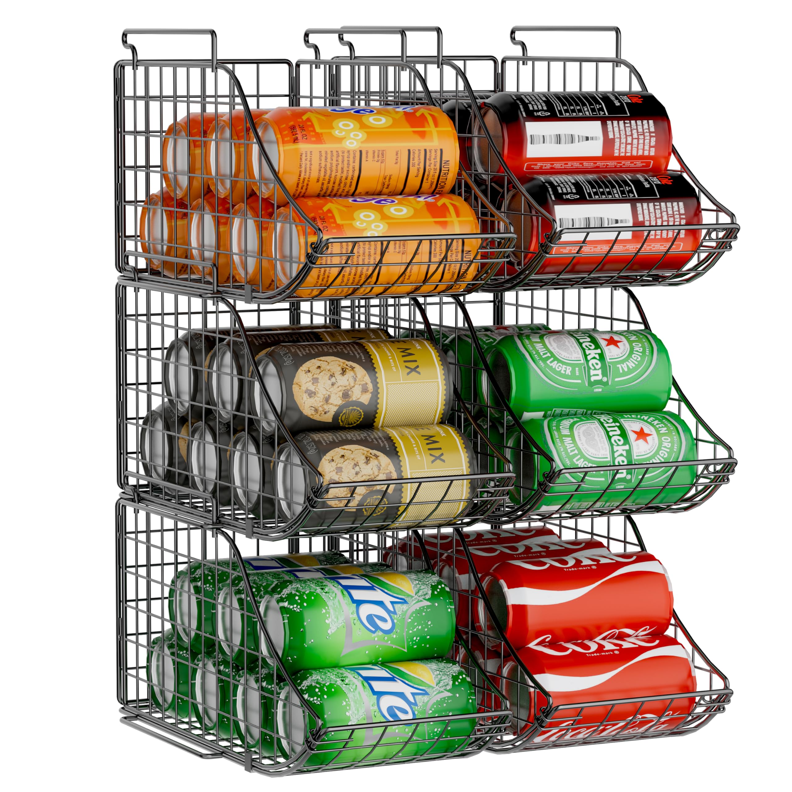 Can Storage Organizer Pantry, Stackable Kitchen Canned Food Holder With Handles, Can Organizer For Pantry Countertop Cabinet, Beverage Drink Pop Soda Can Dispenser Patent Pending (Black, 6 pack)