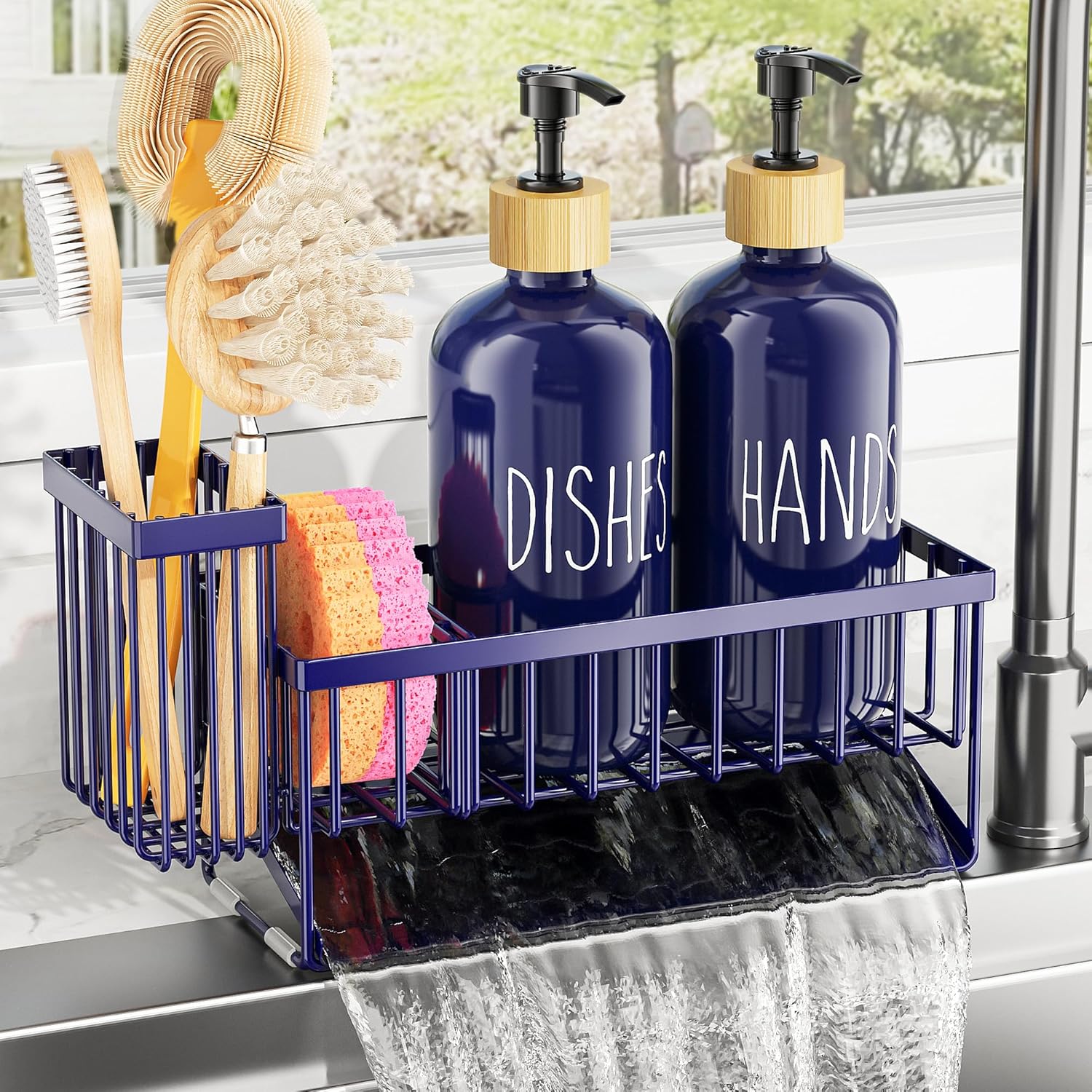 Cisily Navy Blue Kitchen Dish Soap Dispenser, 16 fl Oz Dual Kitchen Soap Dispensers with Sponge Holder, Customized Stainless Steel Kitchen Soap Dispenser Set, Modern Hand and Dish Soap Bottle Set - Image 3