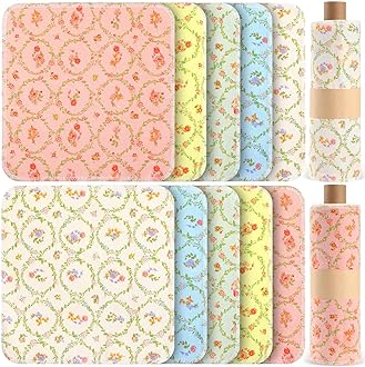 Redbaker 50 Pcs Reusable Paper Towels Paperless Reusable Cotton Cloths Toilet Absorbent Washable Paper Towels with Roll Kitchen Dishcloth for Kitchen Paperless Dishcloths(Floral Wreath)