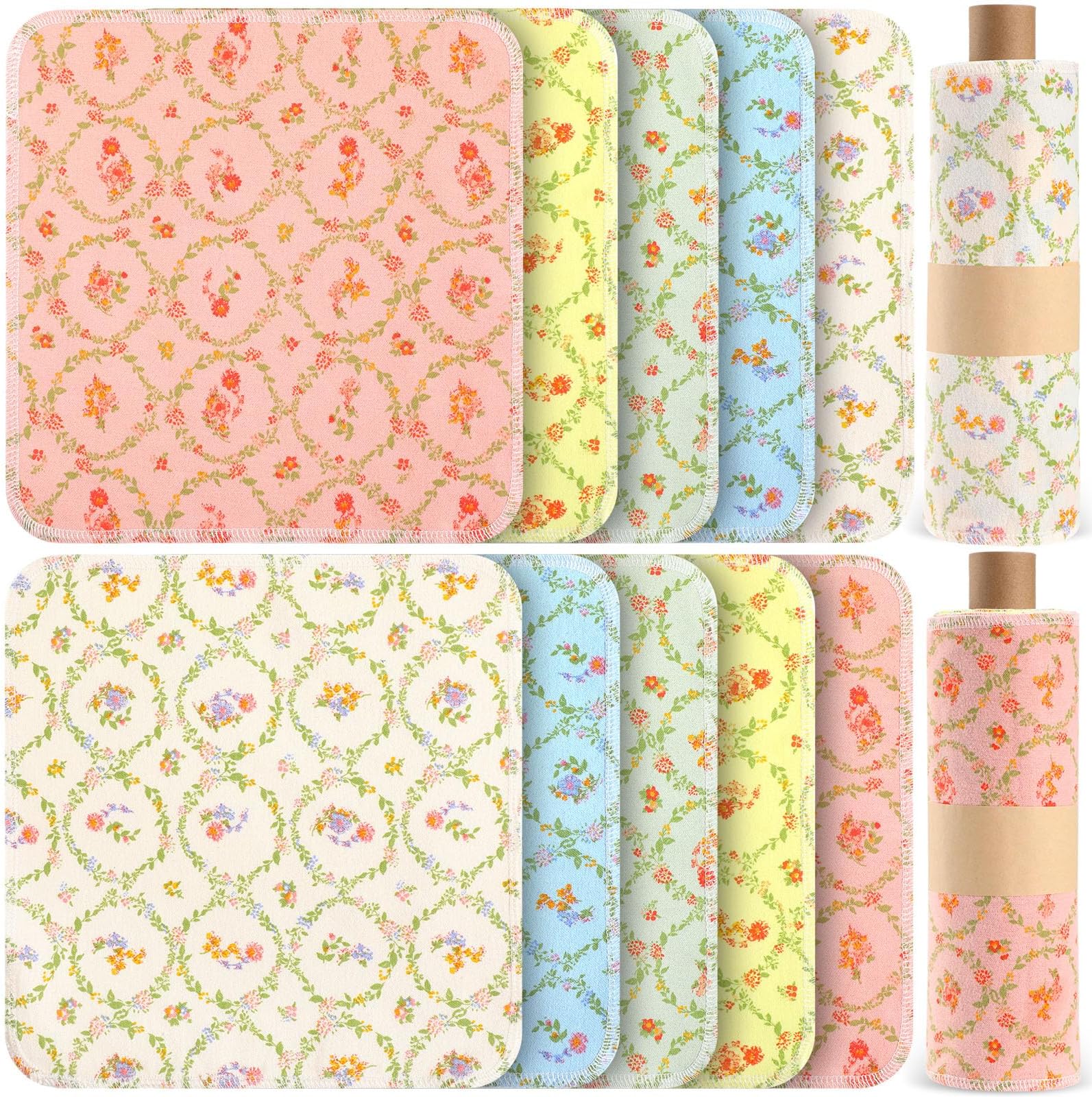 Redbaker 50 Pcs Reusable Paper Towels Paperless Reusable Cotton Cloths Toilet Absorbent Washable Paper Towels with Roll Kitchen Dishcloth for Kitchen Paperless Dishcloths(Floral Wreath)