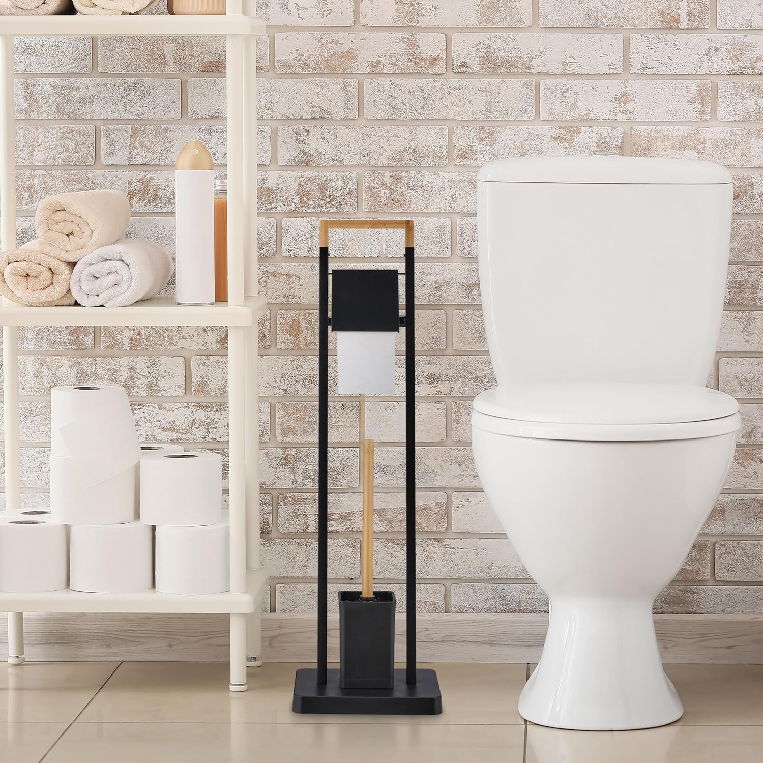 Relaxdays WC Set, Bamboo, Stainless Steel, Free-Standing, 2 Spare Heads, Toilet Roll & Brush Holder, Black/Natural, 77 x 23 x 18 cm