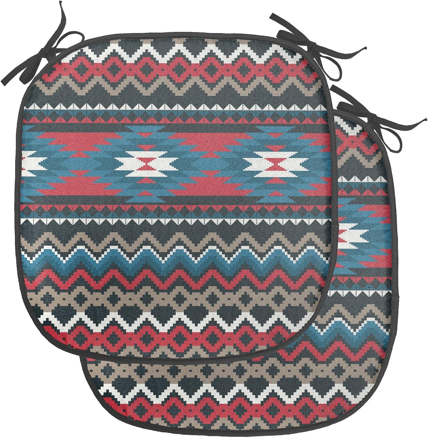 Ambesonne Antique Chair Seating Cushion Set of 2, Prehistoric Style Folkloric Striped Design Antique Mayan Patterns, Anti-Slip Seat Padding for Kitchen & Patio, 16"x16", Black Blue Coral