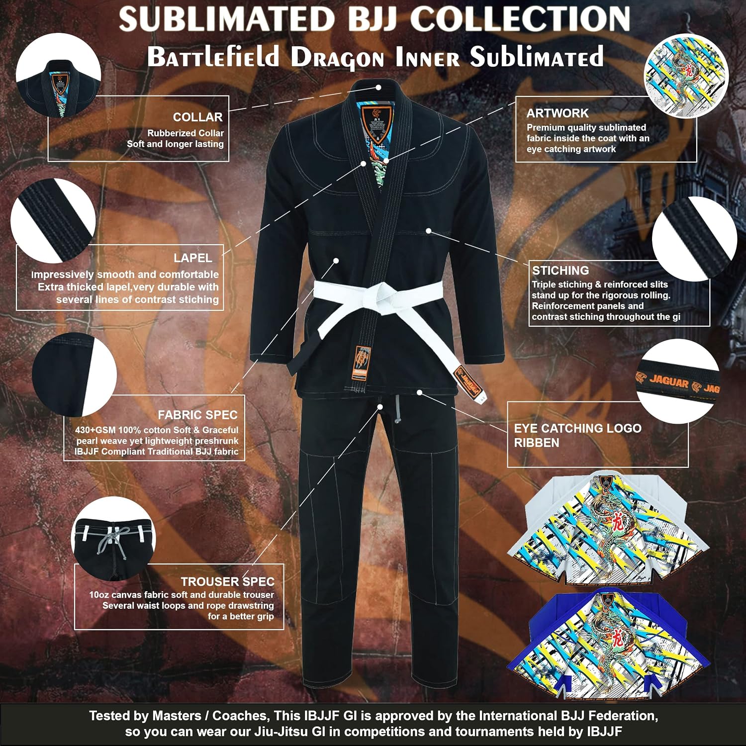 Jaguar Pro Gear – Battlefield Dragon Inner Sublimated Pro Brazilian Jiu Jitsu BJJ Kimono Gi Uniform Unisex -Belt Included