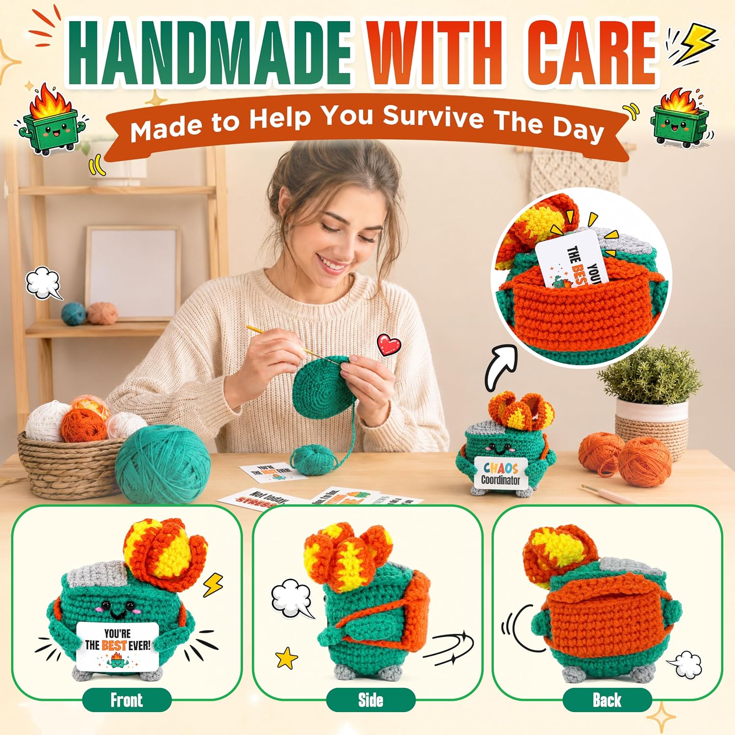 OASSIE Coworker Gifts Emotional Support Crochet Dumpster Fire with 15 Cards | Funny Employee Gifts, Friend Gag Gift, Handmade Keepsake, Soft Yarn Texture, Office Decor, Stress Relief