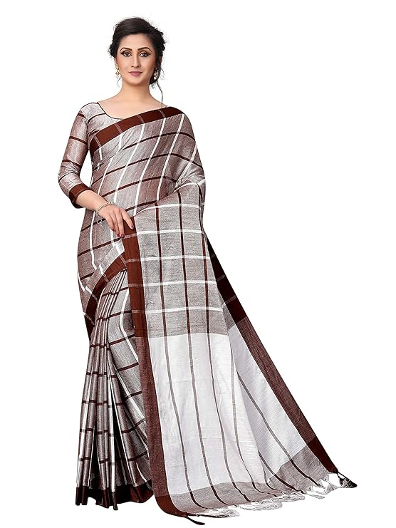 Women`s Linen Juth saree with Blouse Piece(WhitePalluVariation1)
