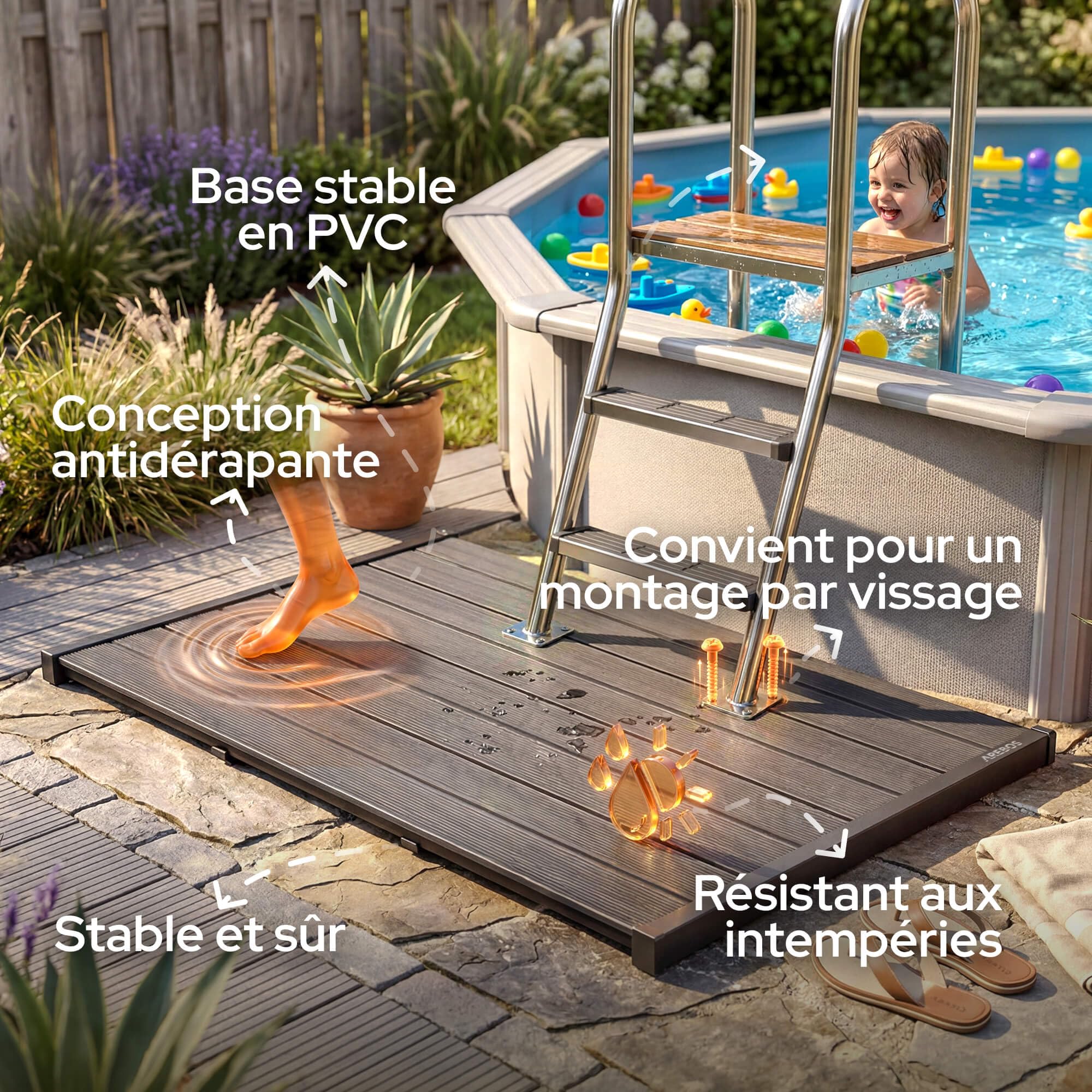 AREBOS Élément de Sol pour Douche de Jardin | antidérapant et imperméable | Plaque de Sol en PVC | Compatible avec vissage | résistant aux intempéries et Stable | idéal pour Douche Solaire, terrasse