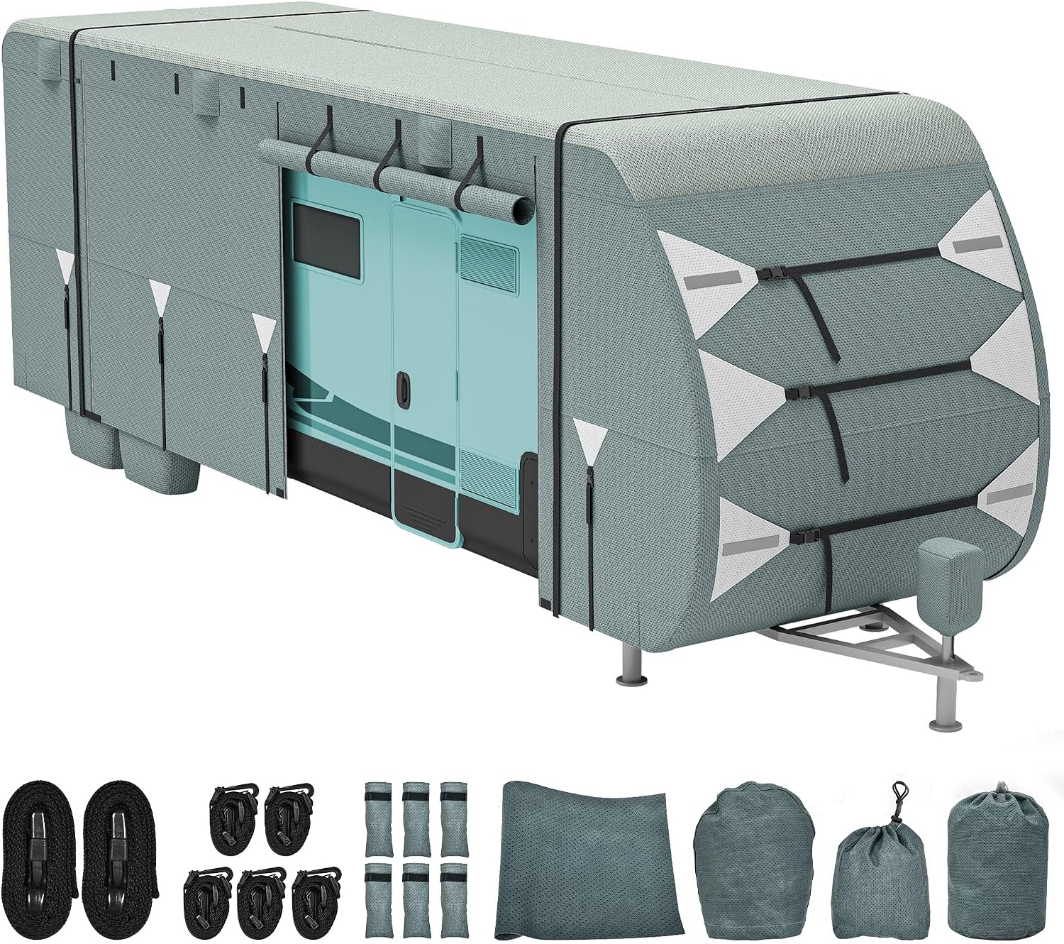 DWVO 24-27ft RV Cover, 5 Layers Travel Trailer Cover Camper Cover Super Thick Waterproof Windproof Anti-UV Rip-Stop Motorhome Covers with 2 Long Straps 4 Tire Covers Tongue Jack Cover