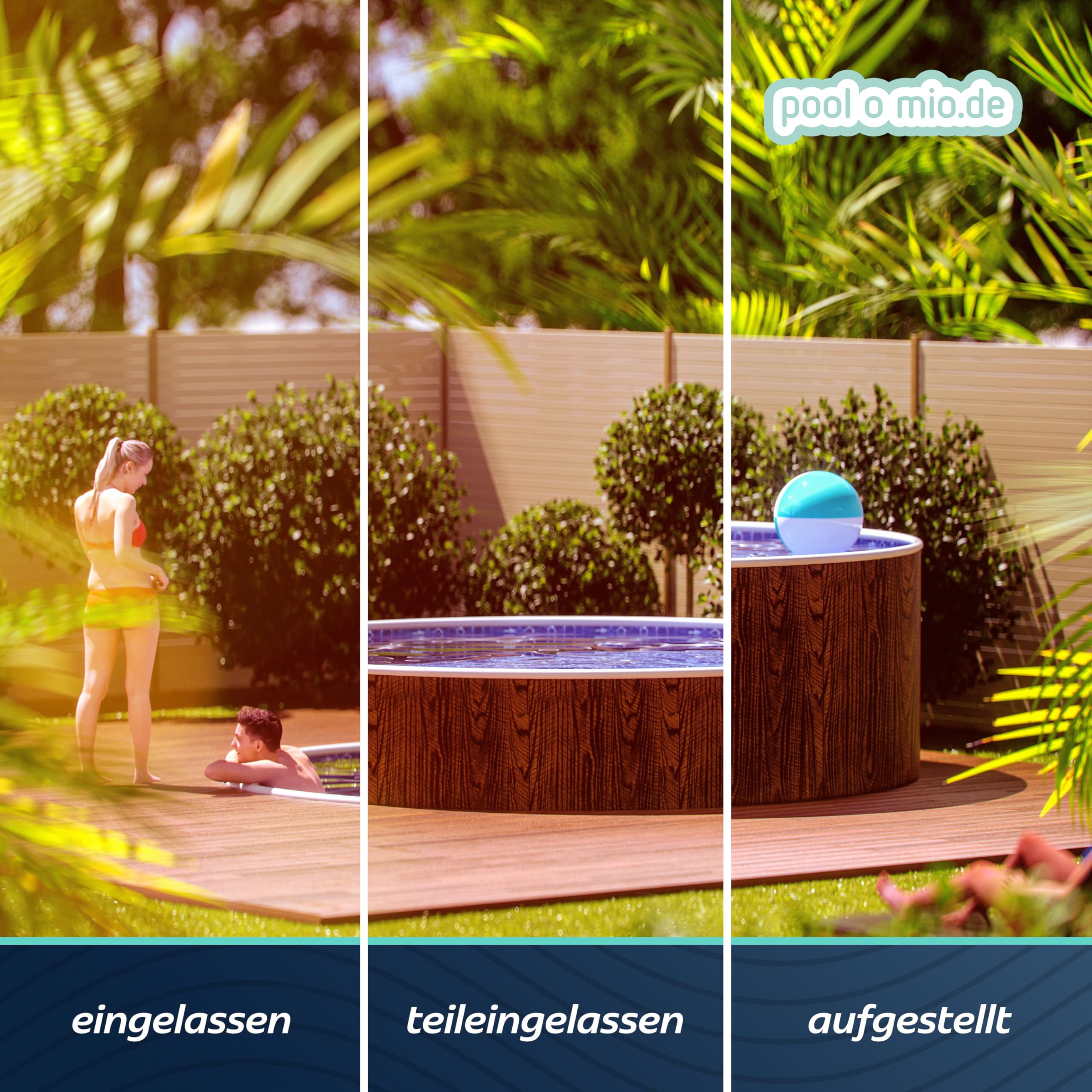 poolomio® Stahlwandpool rund 460 x 120 cm Holzoptik | Robuster Gartenpool als Aufstellbecken oder Einbaupool | Aufstellpool Komplettset mit Innenfolie 0,25 mm, Skimmer & Einlaufdüse