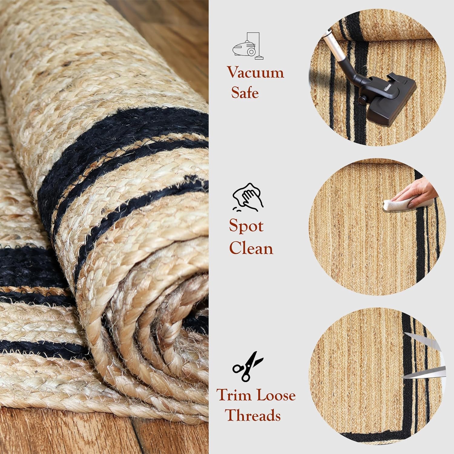 Ractangular Area Rug 10x18 Ft Hand Woven Jute Rugs Modern Black Border Kilim Jute Rug for High Traffic Area Living Room Bedroom Farmhouse Large Space & Home Décor