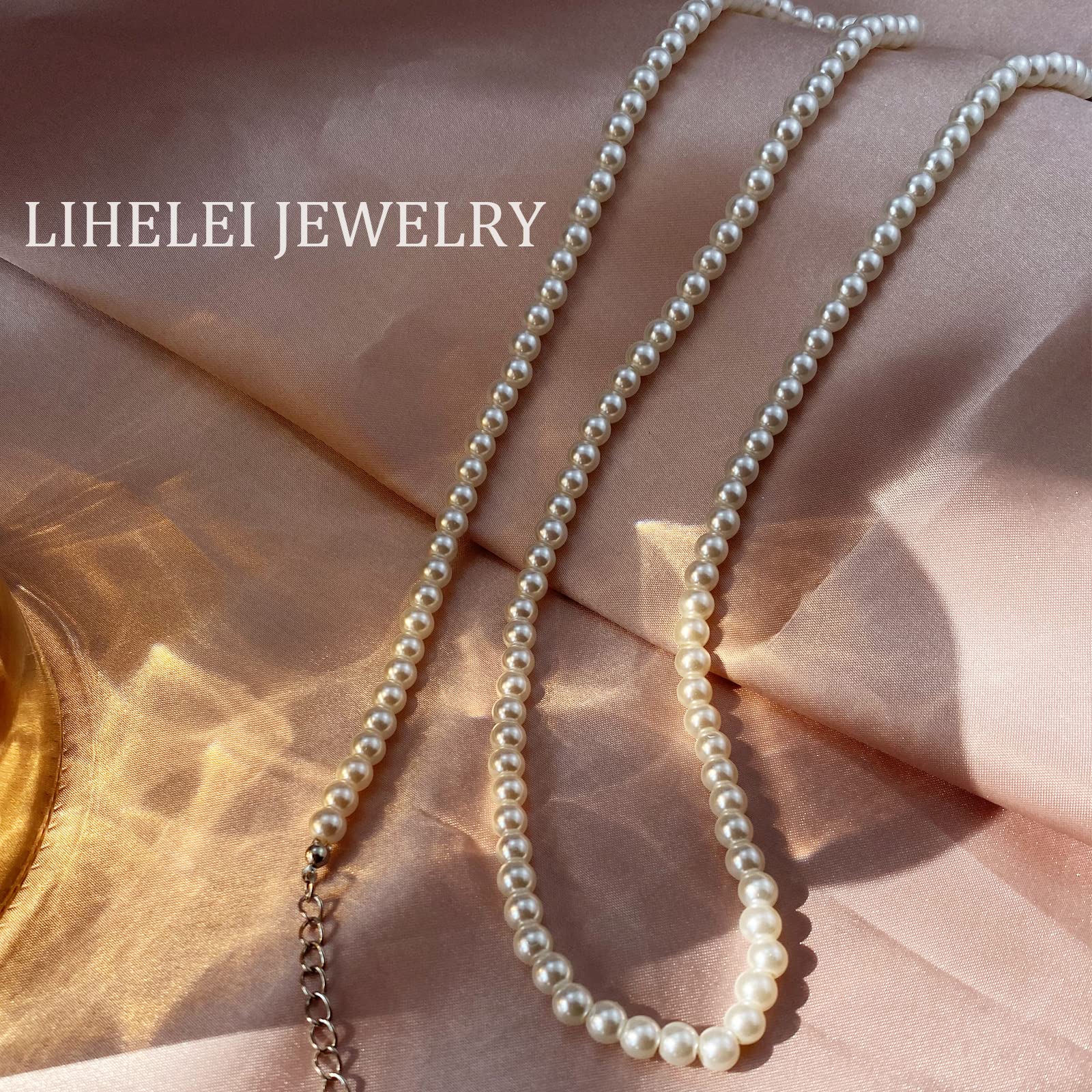 LIHELEI Collana di Perle, Perle d'imitazione Eleganteda 4/6/8 mm, Collana di Perle a Catena Lunga, Regalo per Collana Girocollo per Donne Ragazze, Collana Unisex di Perle - 38-75cm