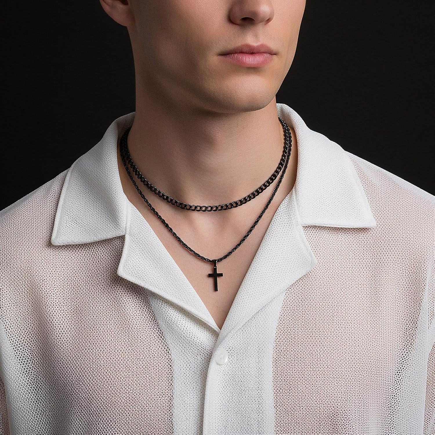 2 Pcs Stainless Steel Cross Pendant Cross Necklace for Men Layered Cuban Link Rope Chain for Mens Silver Black Jewelry Gifts Christmas - Image 7