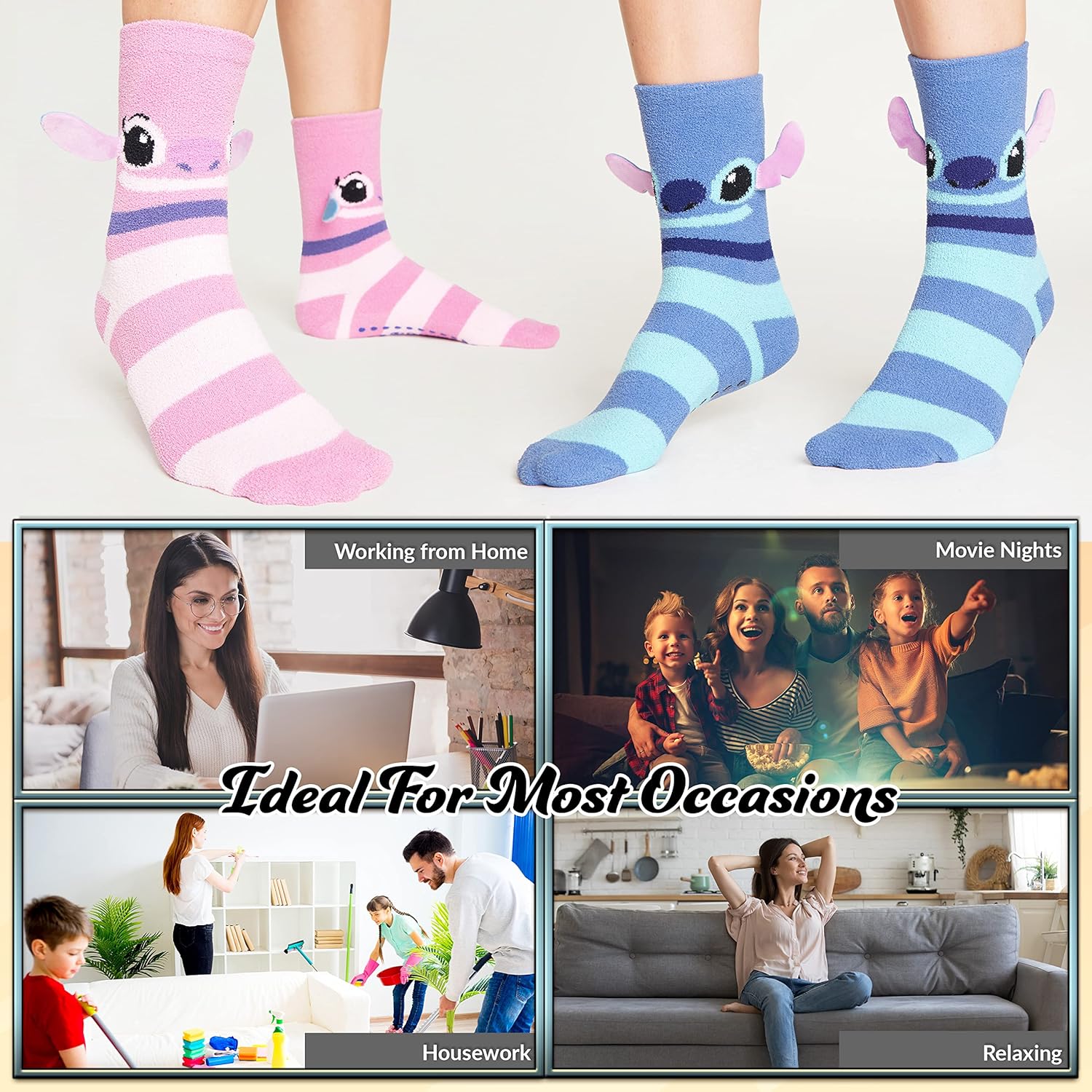 Disney Stitch Slipper Socks with 3D Ears, Pack of 2 Fleece Anti Slip Bed Socks Christmas Secret Santa Gifts for Women Teens - Image 2