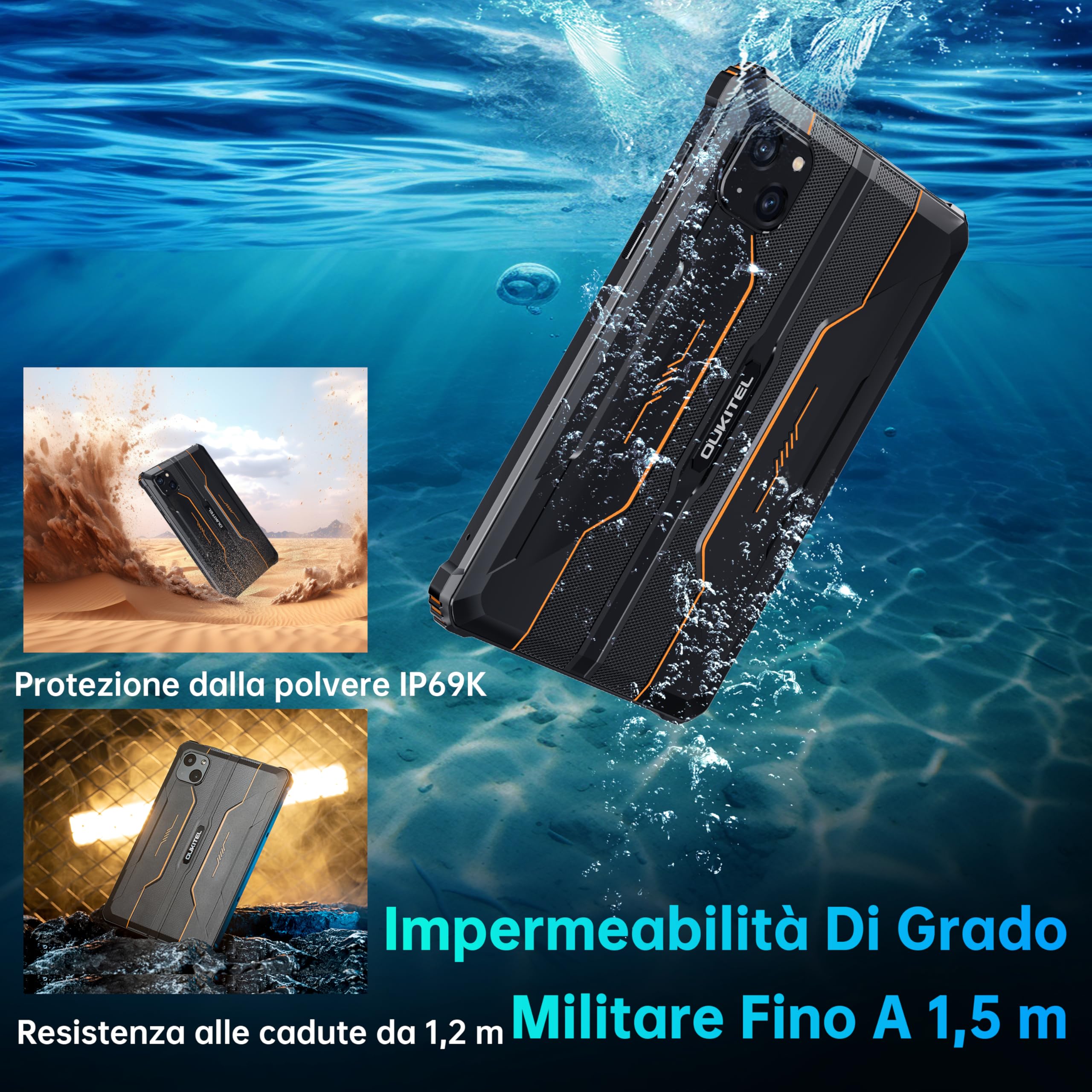 OUKITEL RT3 PRO Rugged Tablet - 8" HD Schermo - Android 14 16GB RAM + 128GB ROM/TF 1TB Tablet Robust MTK6769 Octa-Core 5150mAh 16MP+8MP Camera Tablet Impermeabile IP68/69K Dual SIM 4G Face ID Nero