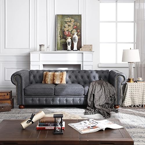 ManyStars Sofá tapizado de piel sintética de 3 plazas con botón y clavos de cobre en los brazos, sofá clásico Chesterfield, gris oscuro