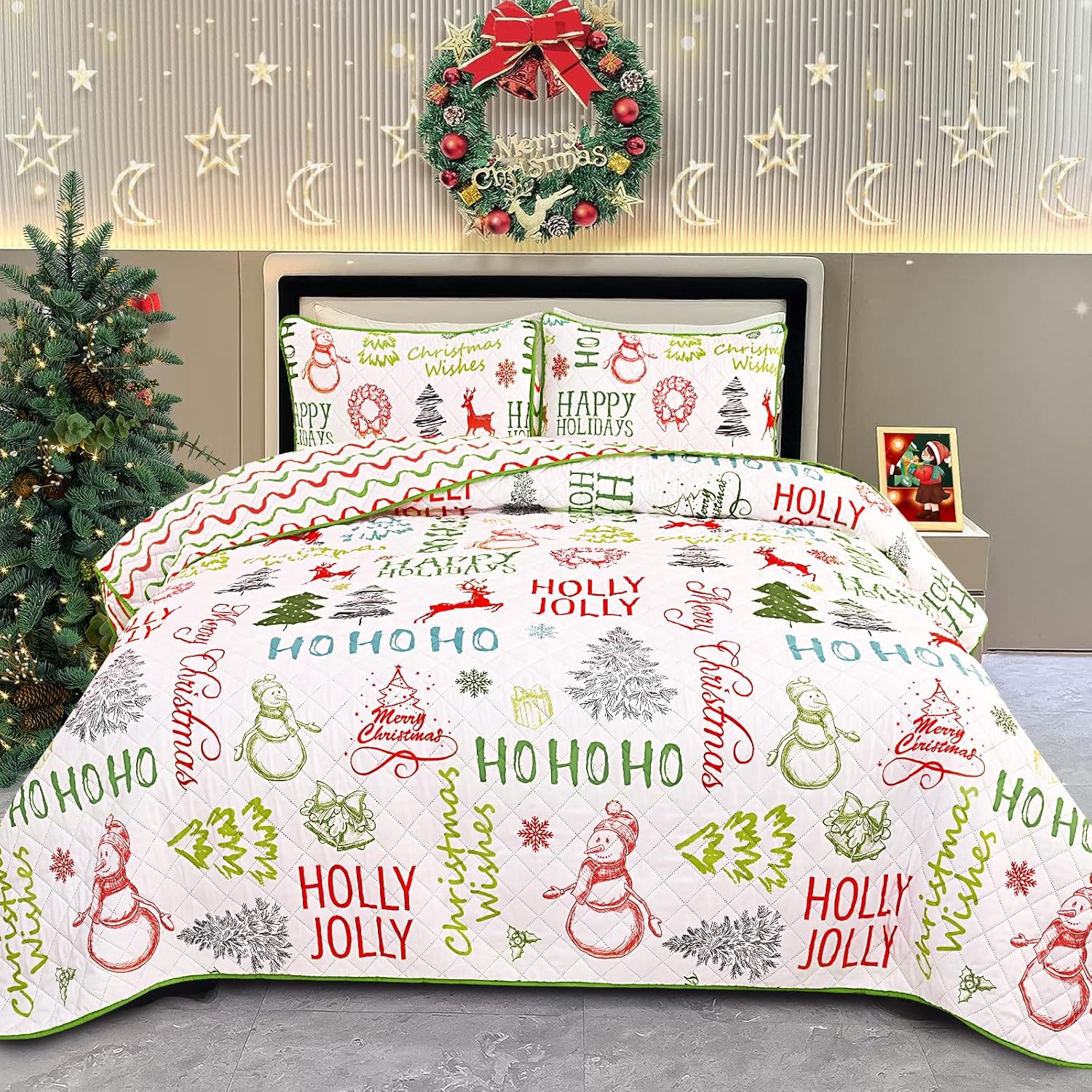 FRAMICS Christmas Quilt Queen Size 3 Pieces Snowman Christmas Tree Quilt Sets - Ultrasonic Quilting Technology Colorful Bedspread with 2 Pillow Shams Holiday Merry Christmas Bedding Set, 90" x 90" Colorful 90" x 90"