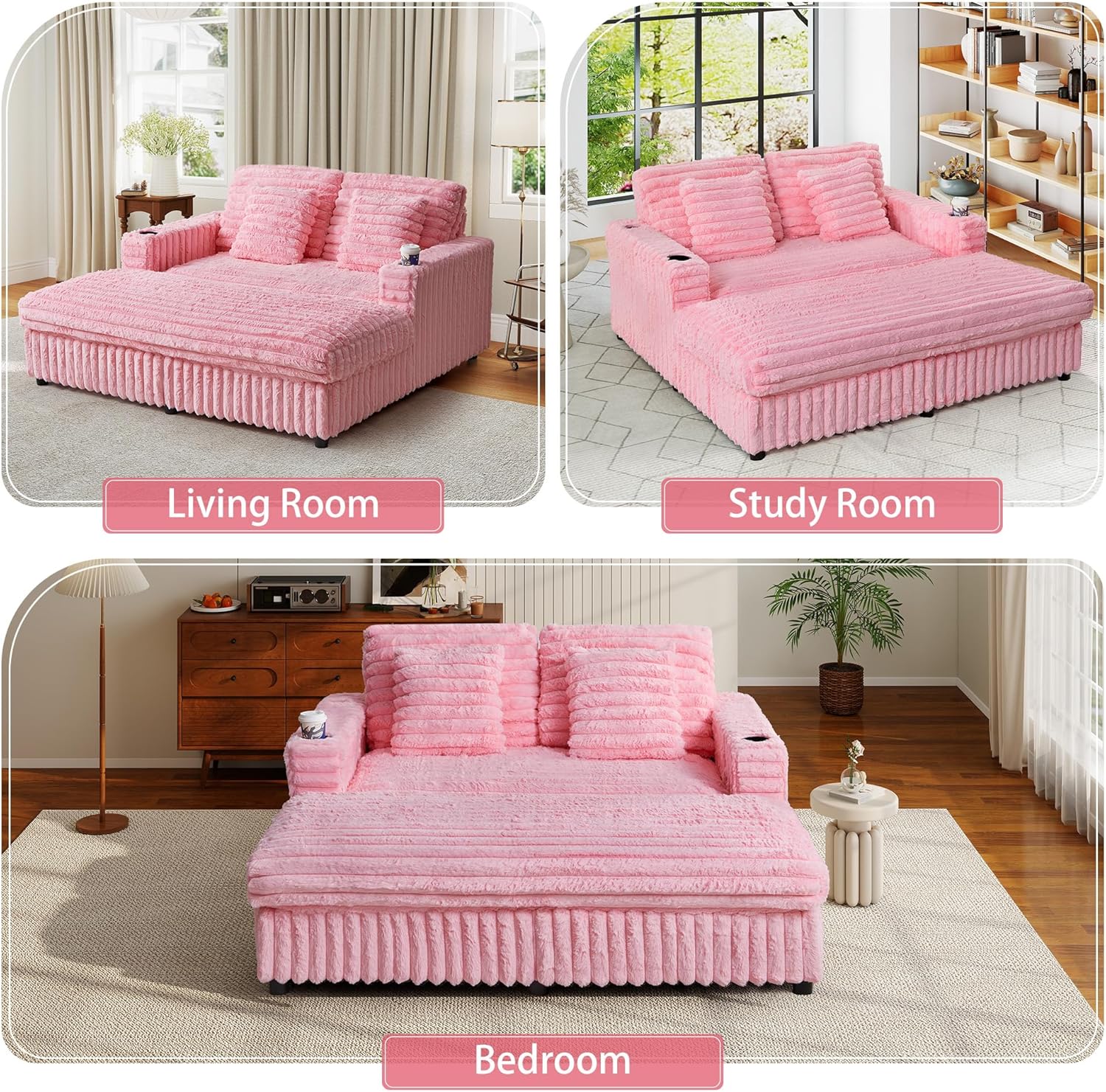 QHITTY 63'' Plush Faux Rabbit Fur Chaise Loveseat with Charging Station & Cup Holder and Pillows, Upholstered Corduroy Chaise Loveseat Sofa Recliner Longue Indoor Couch for Living Room, Bedroom, Pink