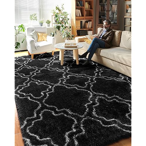 PAGISOFE Fluffy Large Living Room 8x10 Area Rugs,Fuzzy Shag Shaggy Rug Soft Plush Fur Black Geometric Carpet for Room Decor,Modern Rugs for Living Room Bedroom Dorm Kid Room Decor Black and White Rug