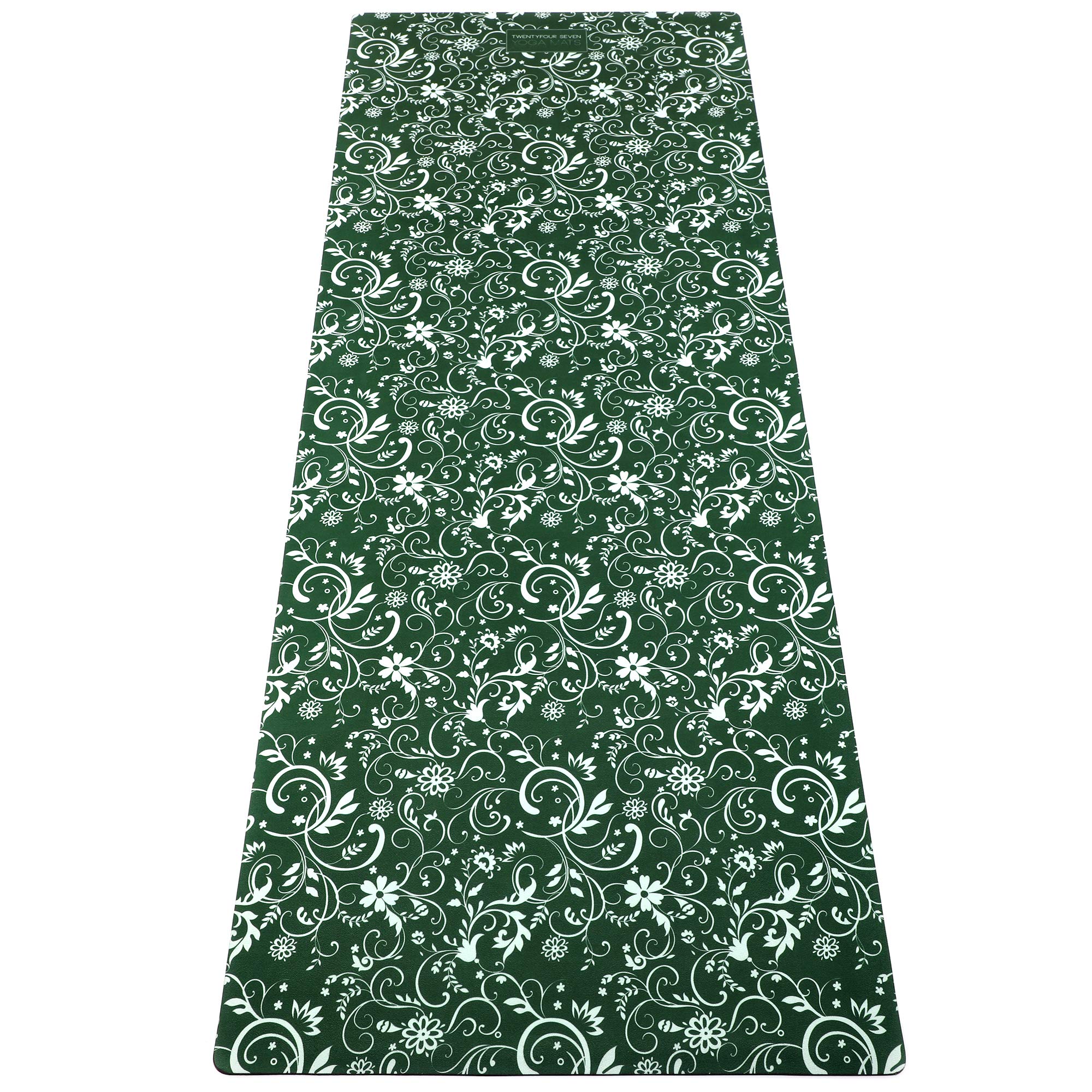 247YOGAMATS Esterilla de Yoga caucho y microfibra OLIVE FLORAL / 183 x 68 cm, 4 mm/Antideslizante/Apta lavadora/Yoga principiantes y avanzado/Cinta de transporte incluida