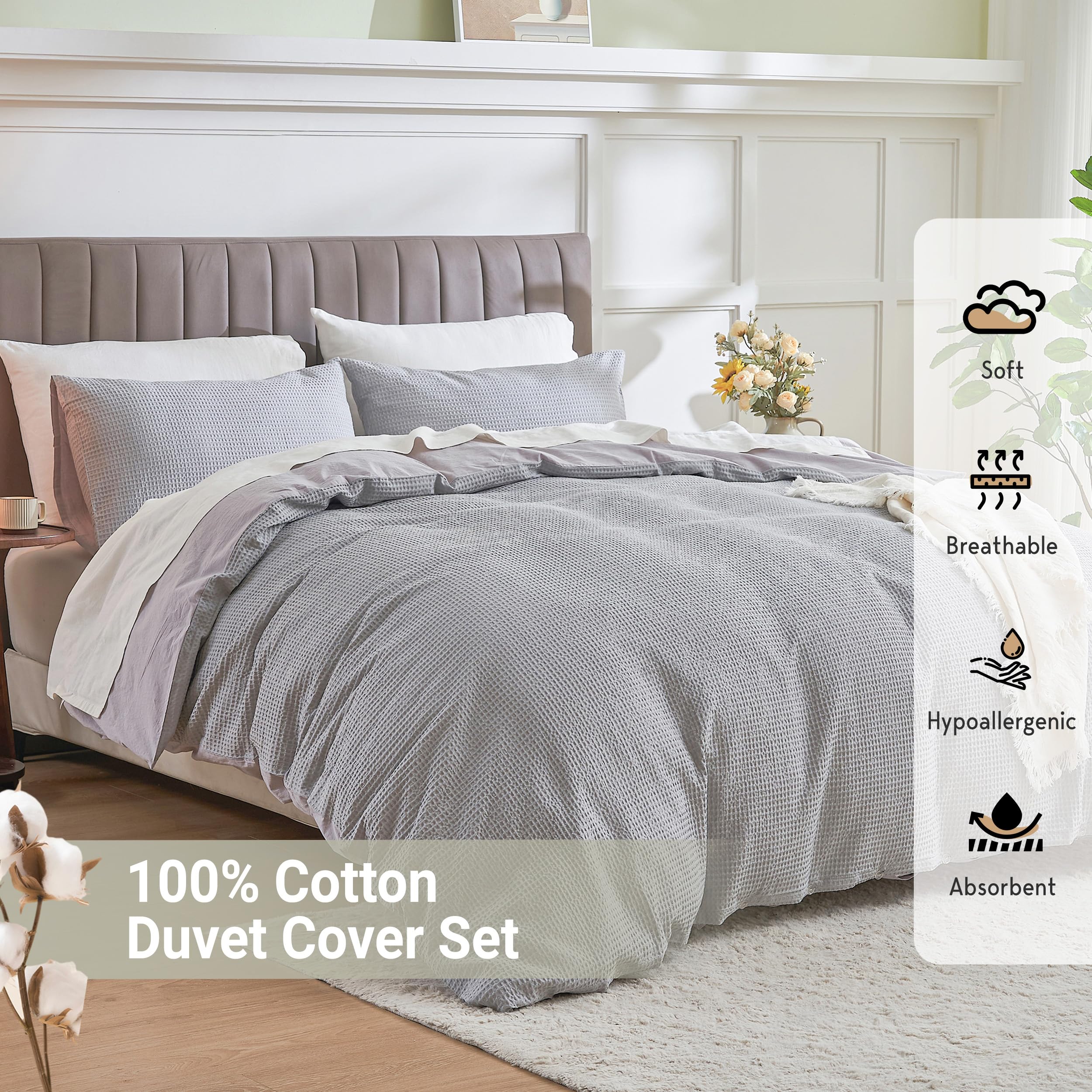 Simple&Opulence Waffle Duvet Cover Double Size, 100% Cotton Waffle Bedding with 2 Pillowcases - Image 3