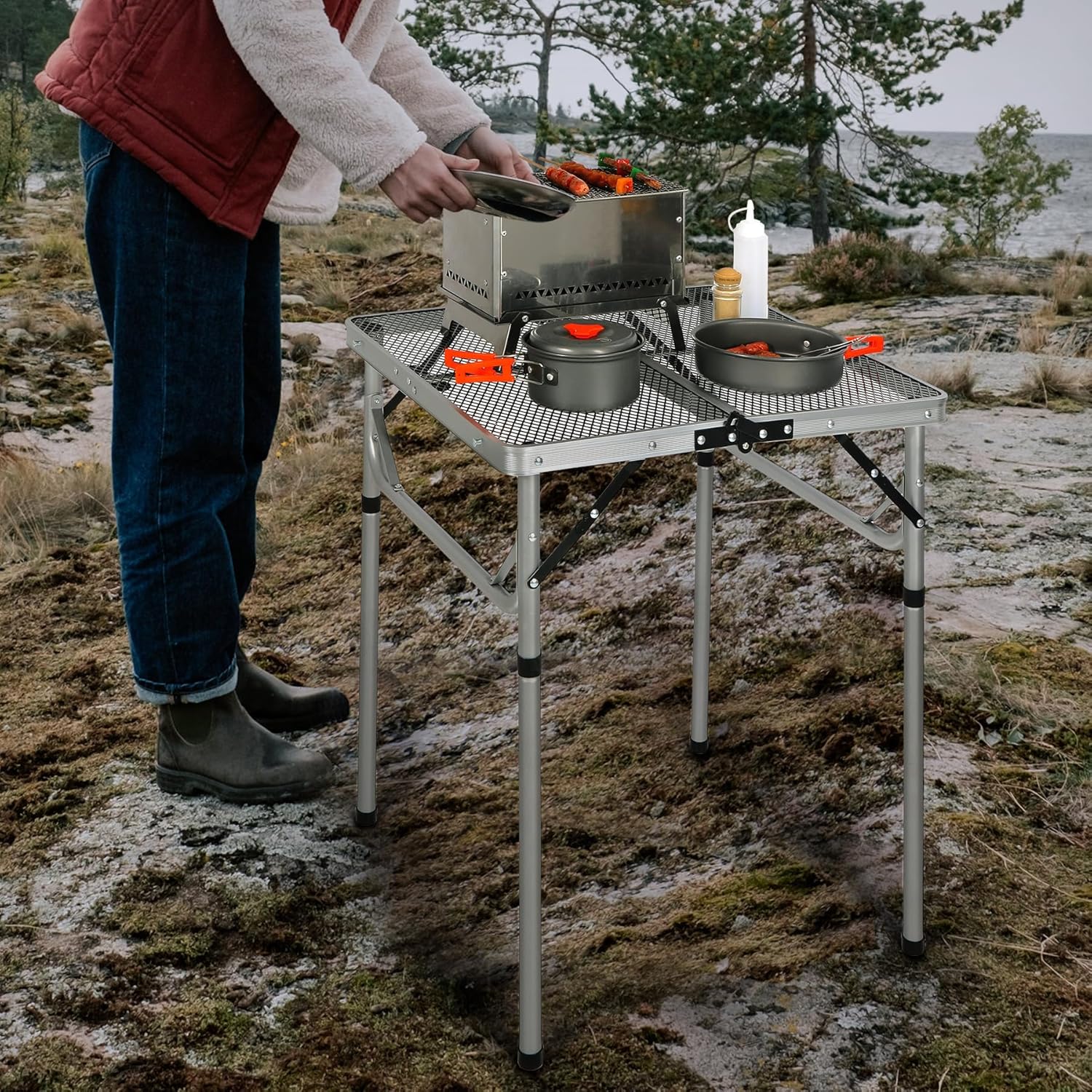 Portable Grill Table for Outside, Aluminum Folding Grill Stand