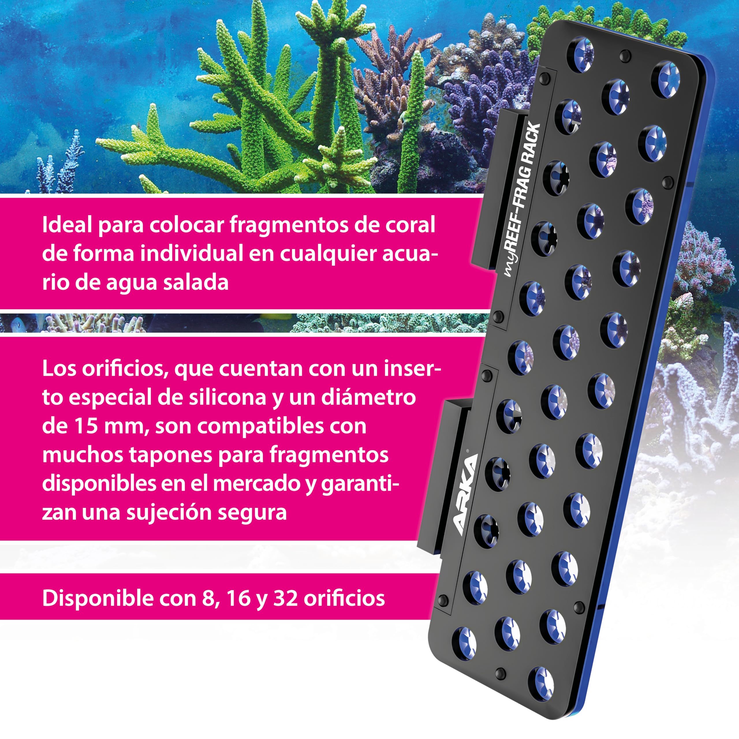 ARKA myREEF-FRAG Rack - con 32 Agujeros - Soporte esquejes de Coral con Fuertes imanes para acuarios Marinos, Incl. fusibles de Silicona, diámetro de los Agujeros Aprox. 15 mm.